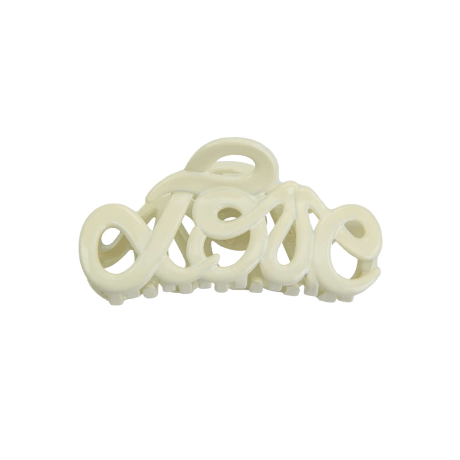 Ivory hair clip shaped like the word 'Love', made from 100% acetate, perfect for stylish hairdos.