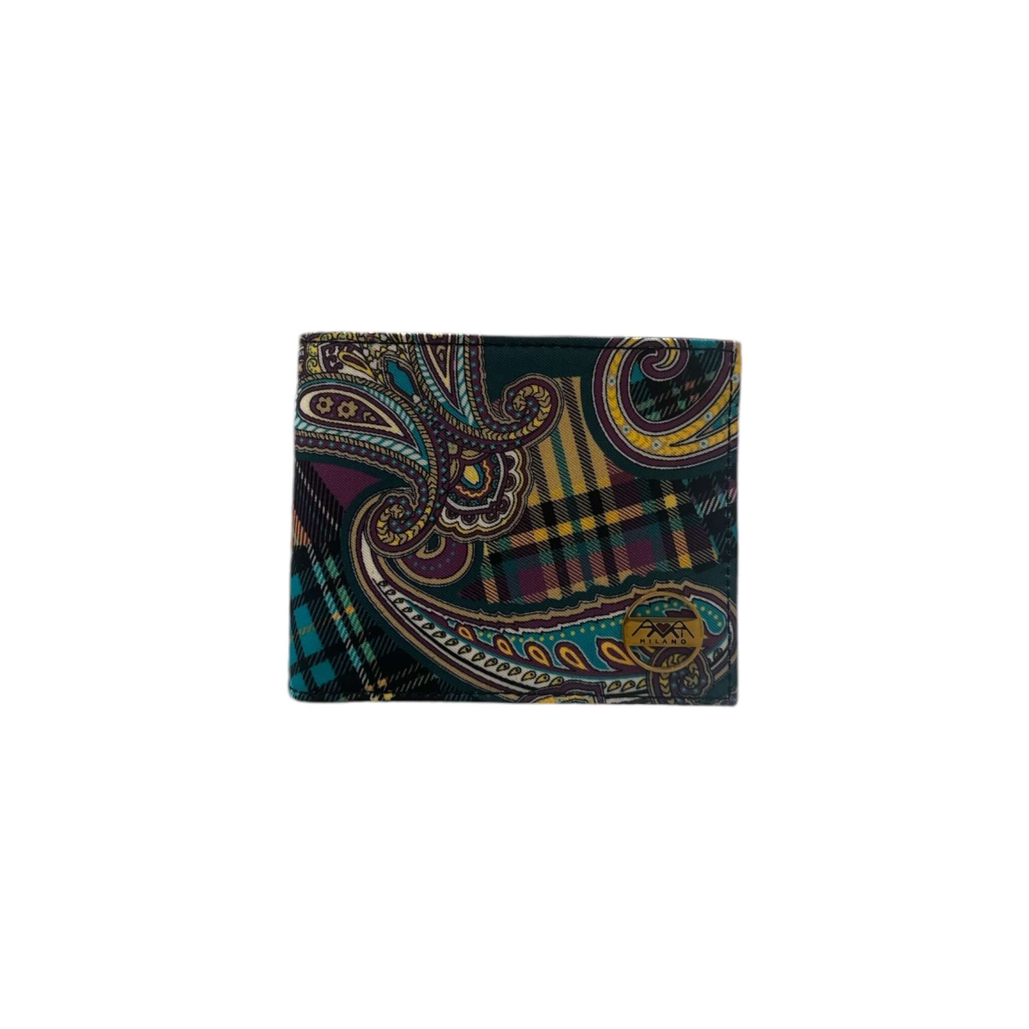 Portafoglio eleganti in stile italiano con design paisley colorato, perfetto per carte e contanti.