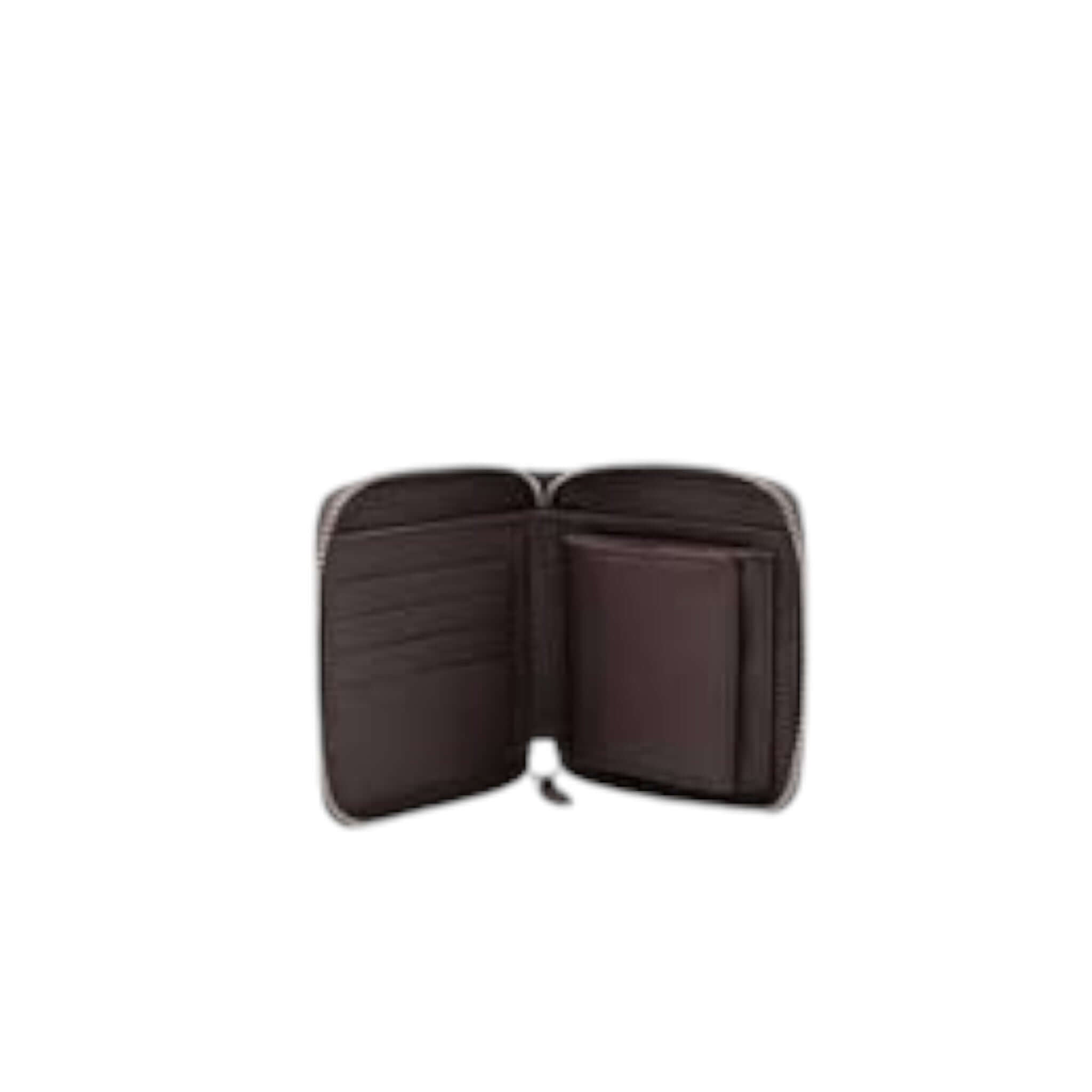 Interno del portafoglio Micron in pelle martellata con zip, scomparti per carte e tasca porta banconote.