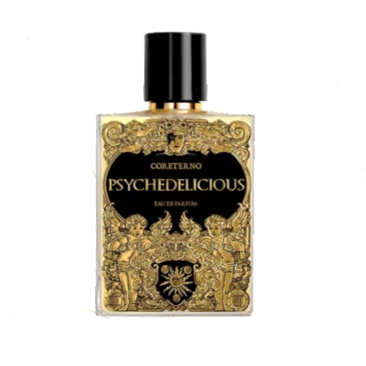 Psychedelicious Eau De Parfum bottle featuring ornate gold design and black label.