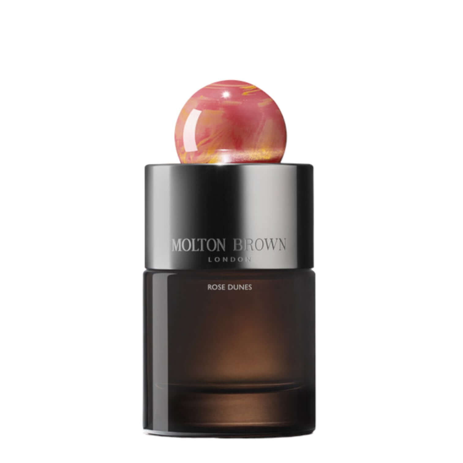 Molton Brown Rose Dunes Eau De Parfum bottle with a colorful cap, showcasing its luxurious design and aroma.