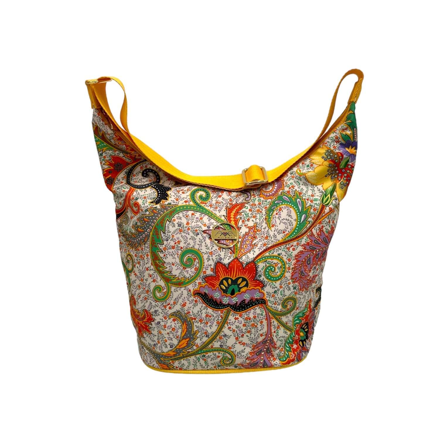 Colorful floral design bag with yellow straps, perfect for eco-friendly and stylish transport of items.