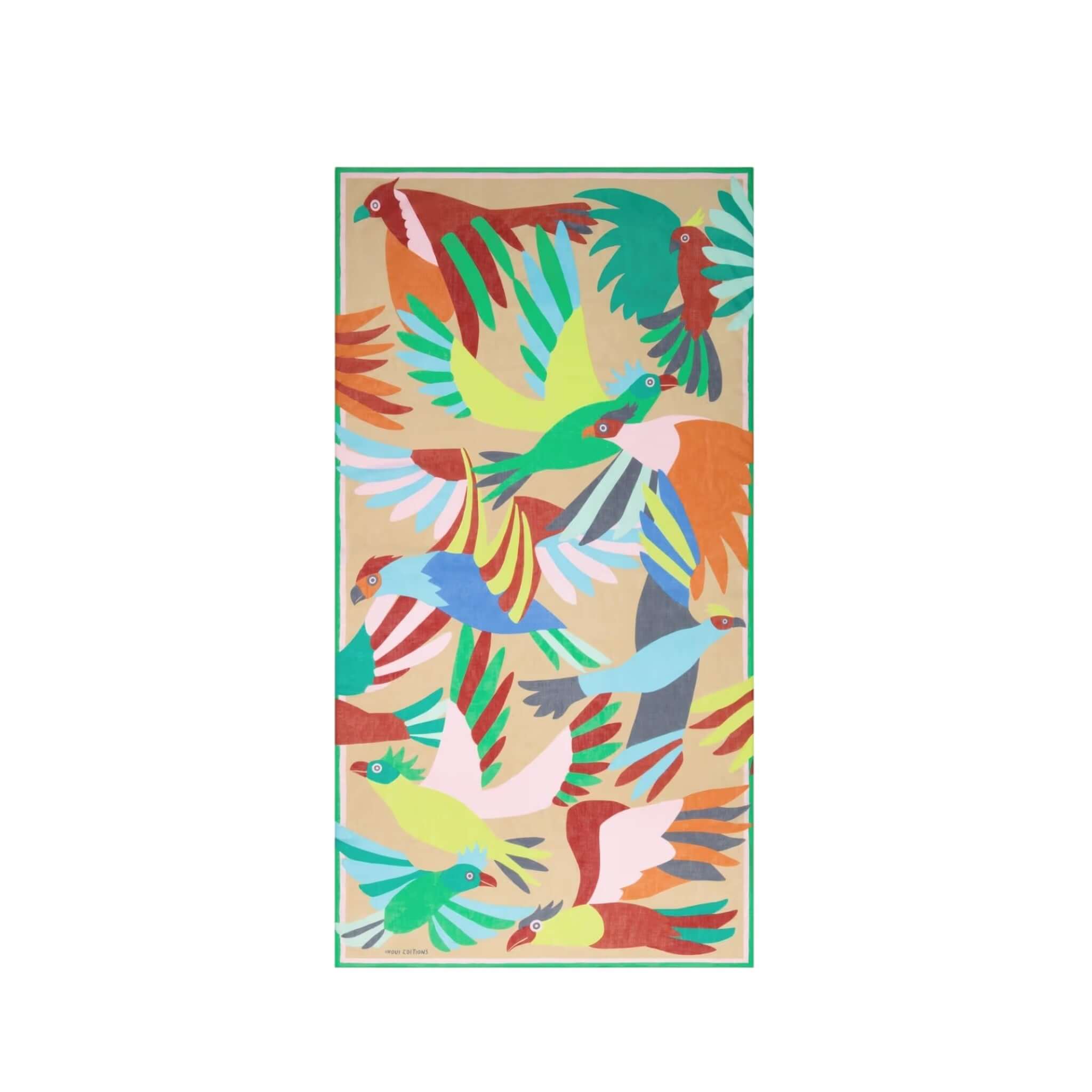 Sciarpa Voyage in cotone stampata a mano con design colorato di uccelli, perfetta per l'estate.