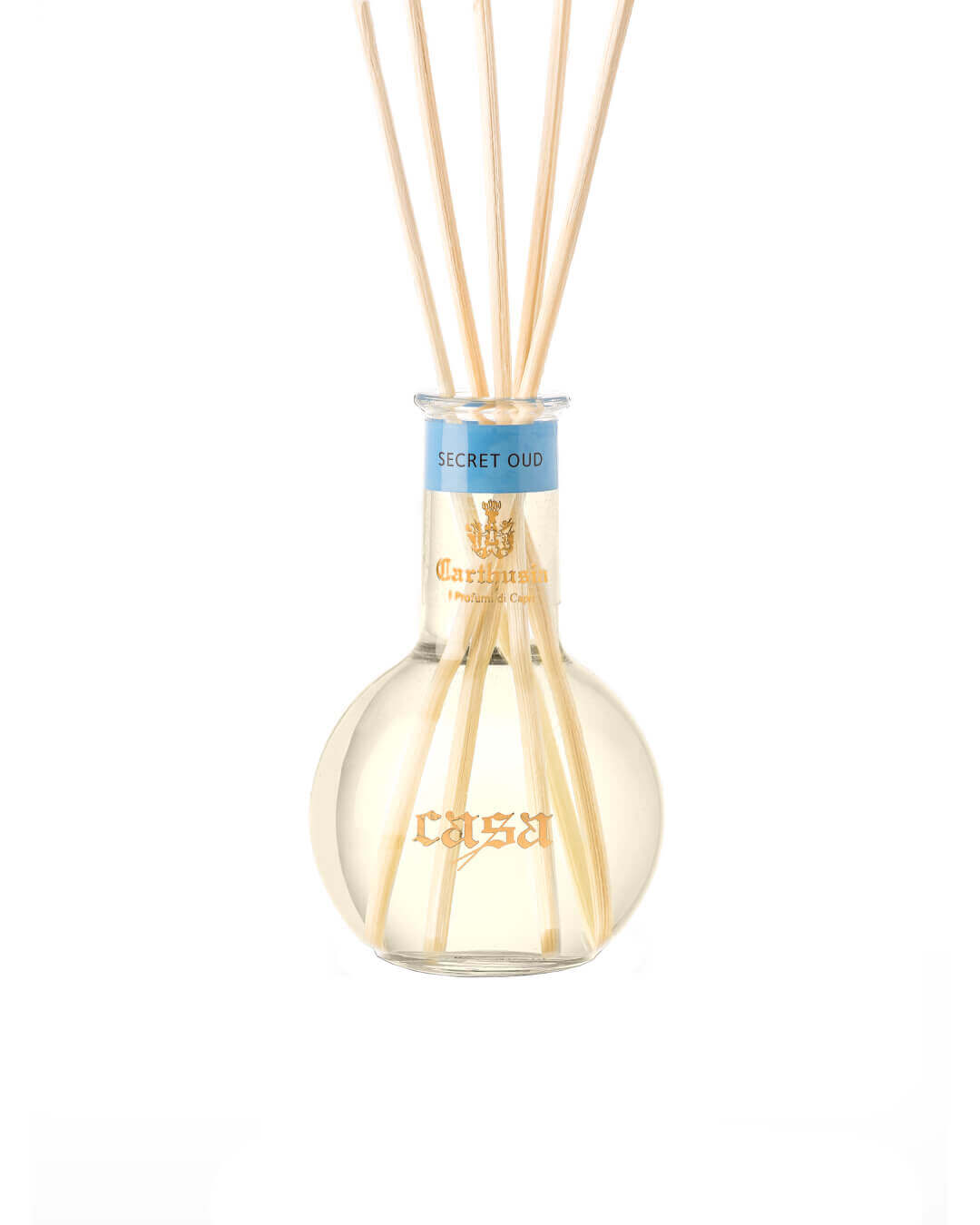 Carthusia Secret Oud Diffusore featuring elegant design and aromatic reed sticks, capturing Mediterranean and Middle Eastern scents.