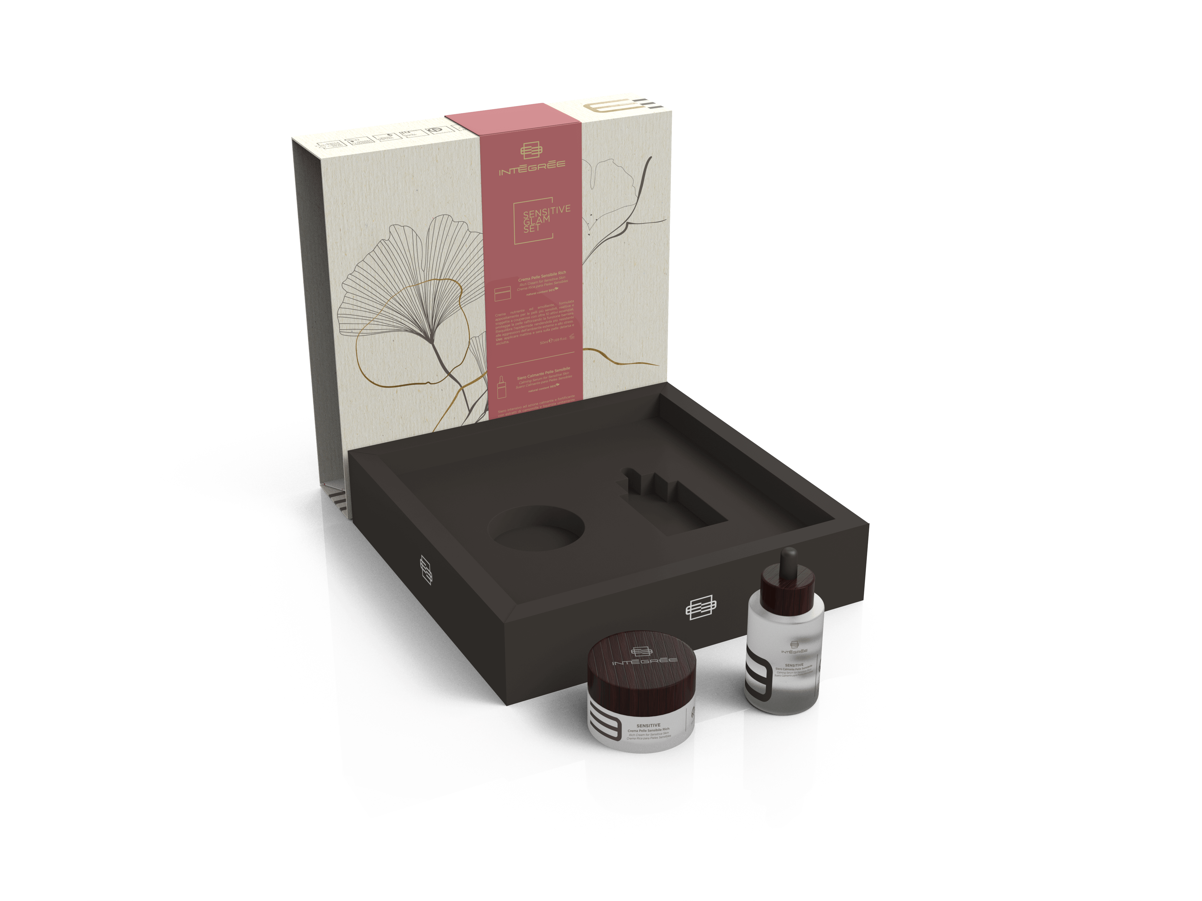 Sensitive Glam Set featuring cream and serum for sensitive skin, elegantly packaged in a decorative box.