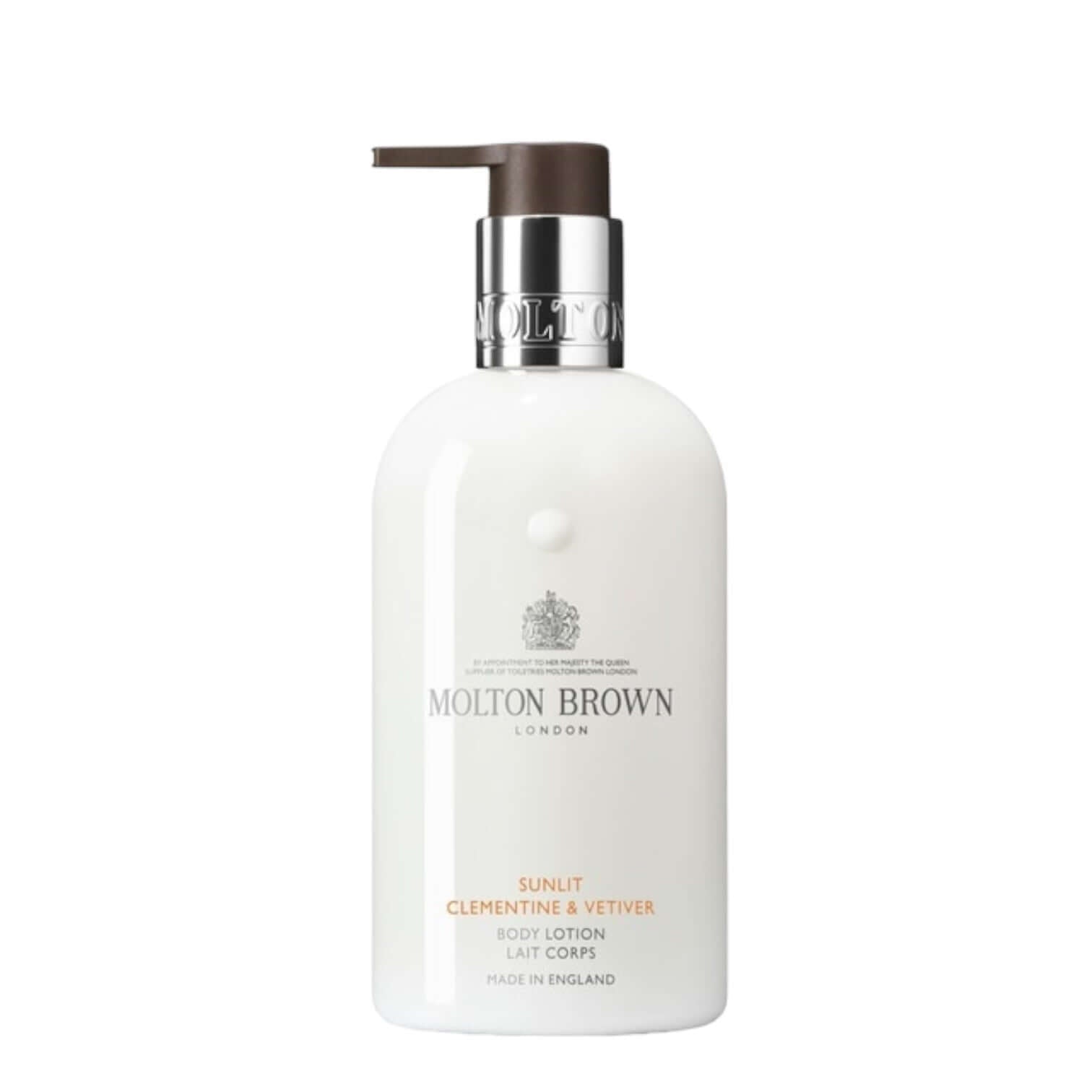 Molton Brown Sunlit Clementine & Vetiver body lotion in a white pump bottle with 300 ml capacity.