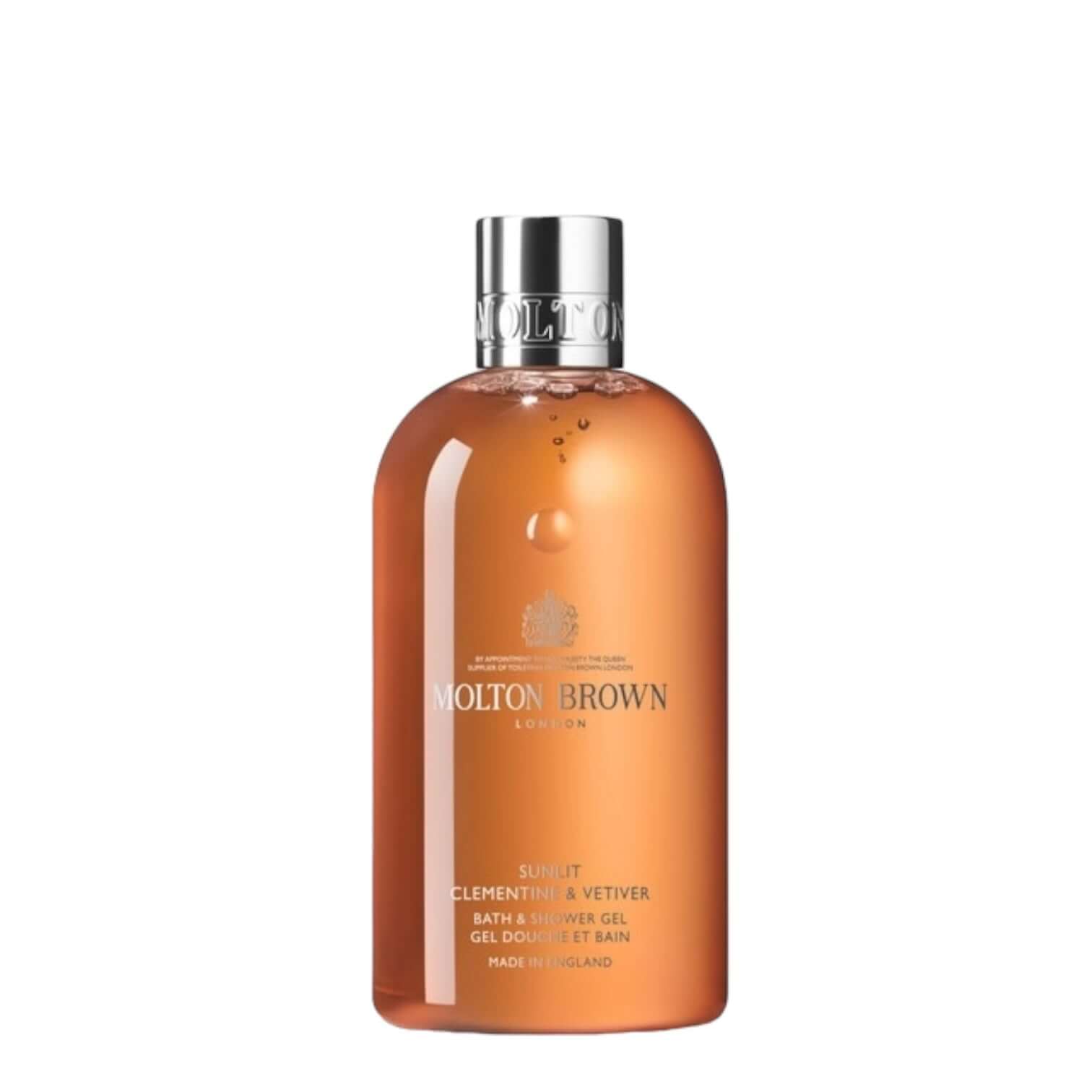 Molton Brown Sunlit Clementine & Vetiver Gel Doccia 300ml, revitalizing citrus bath gel in a sleek bottle.