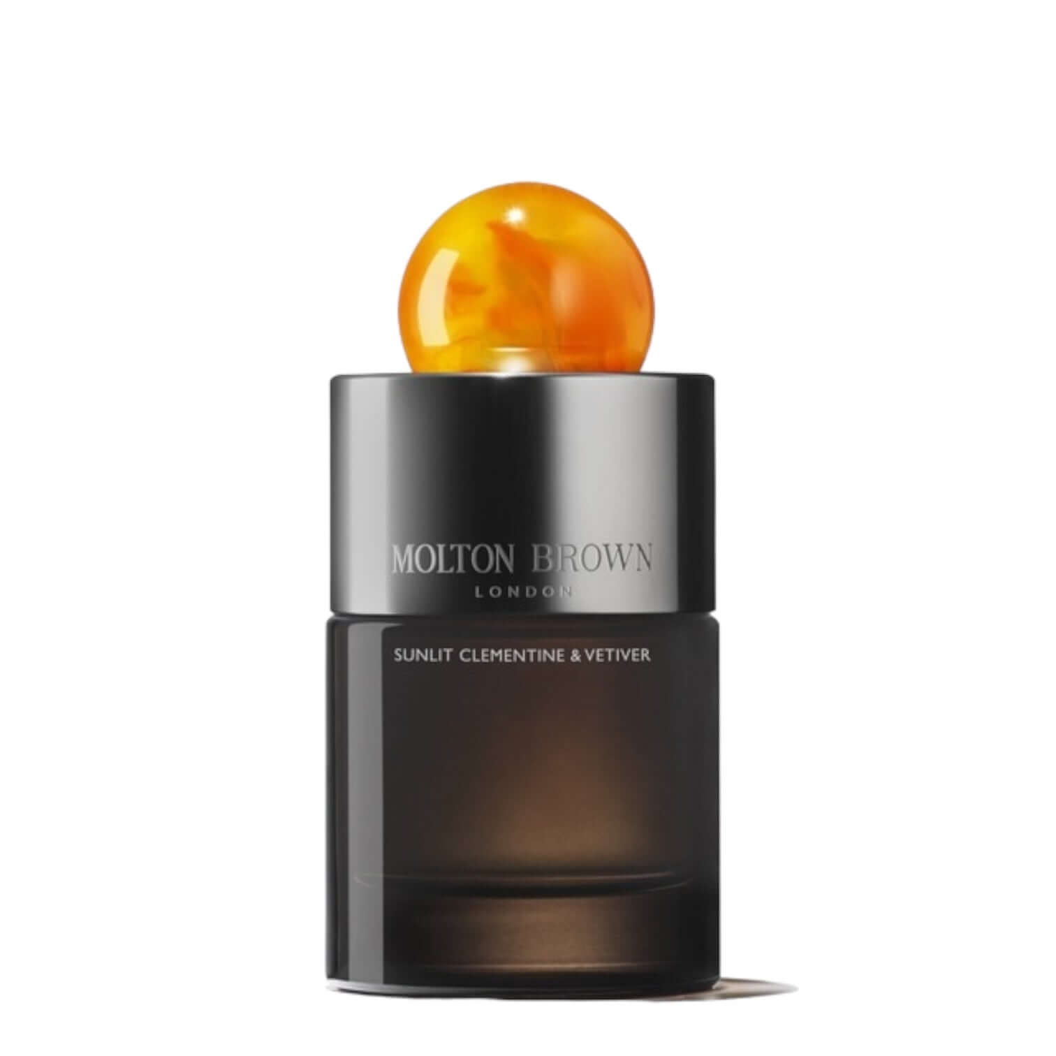 Molton Brown Sunlit Clementine & Vetiver perfume bottle with vibrant orange cap, 100 ml size.