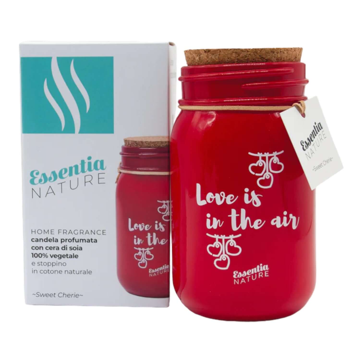 Essentia Nature Sweet Cherie candle jar with cork lid and packaging, made from 100% soy wax for a unique fragrance experience.