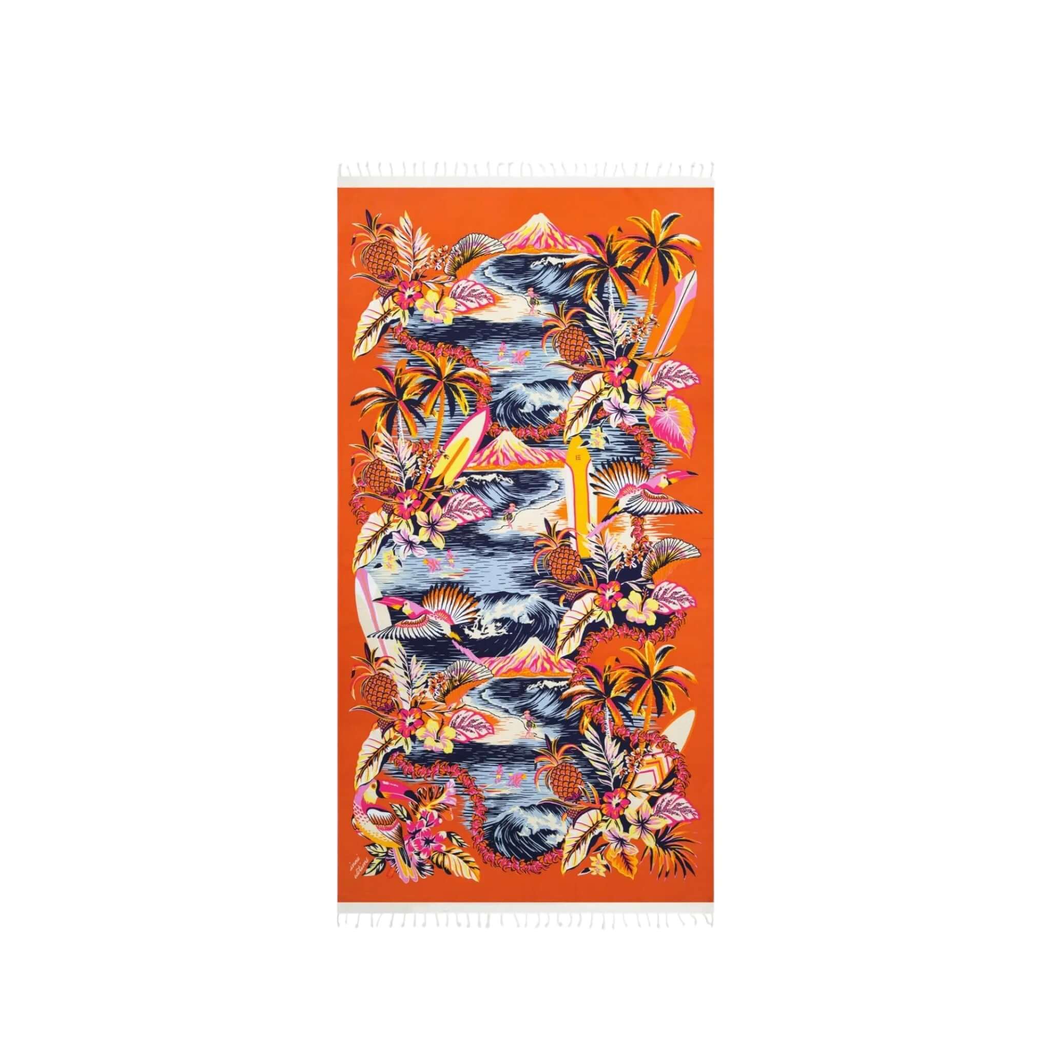 Telo Mare Hawai, 100% cotone, stampato a mano con design tropicale su sfondo arancione, dimensioni 100x190 cm.