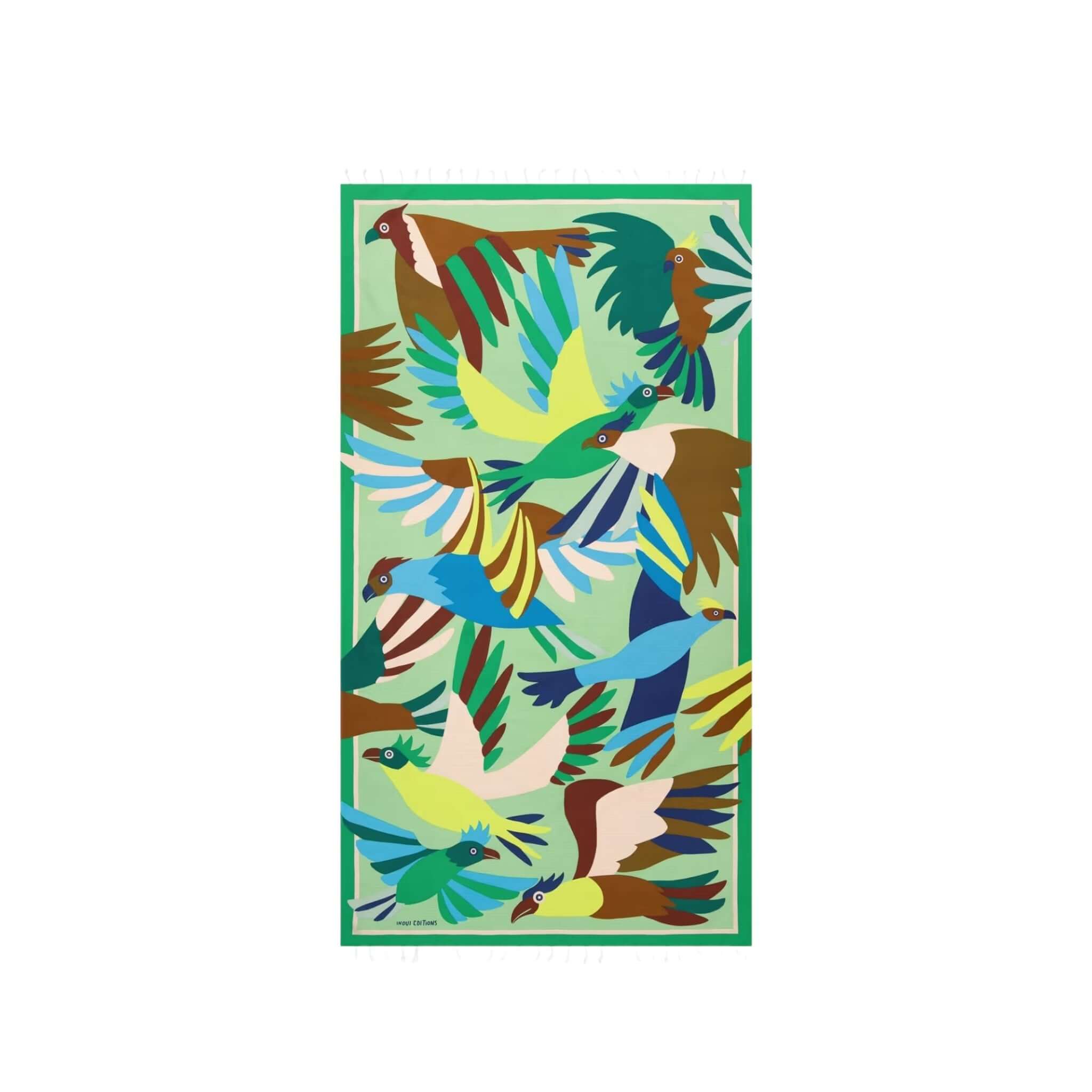 Telo Mare Voyage con design di uccelli colorati, in 100% cotone, dimensioni 100 x 190 cm, prodotto in India.