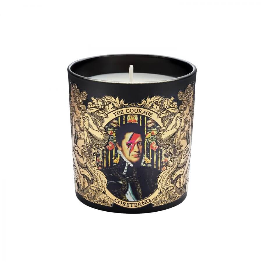 The Courage Candela featuring an artistic design and opulent fragrance in a decorative candle holder.