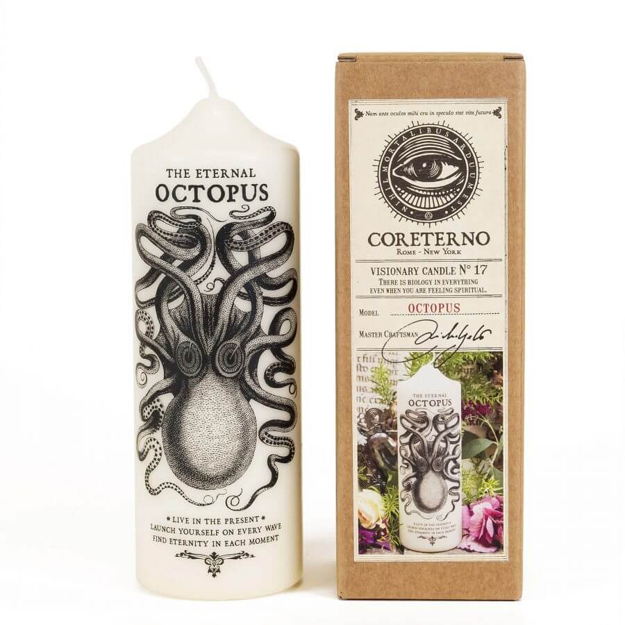 The Eternal Octopus Visionary Candle, showcasing unique design and eco-friendly materials in elegant packaging.