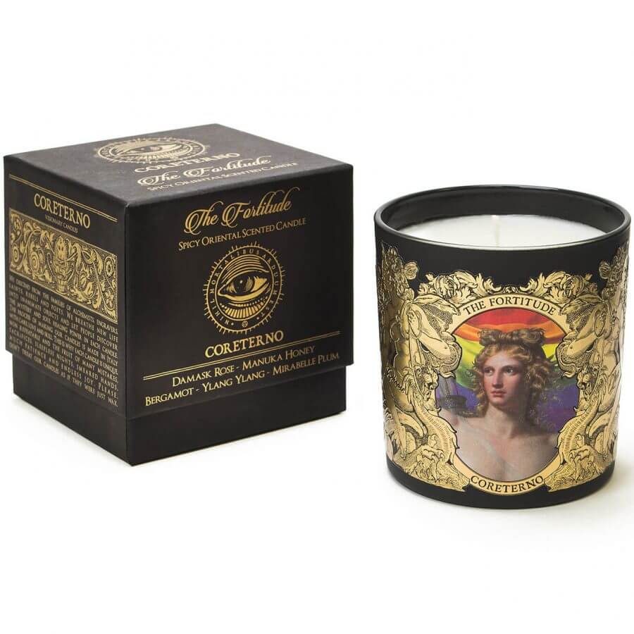 The Fortitude scented candle with a decorative box, featuring floral and fruity notes.