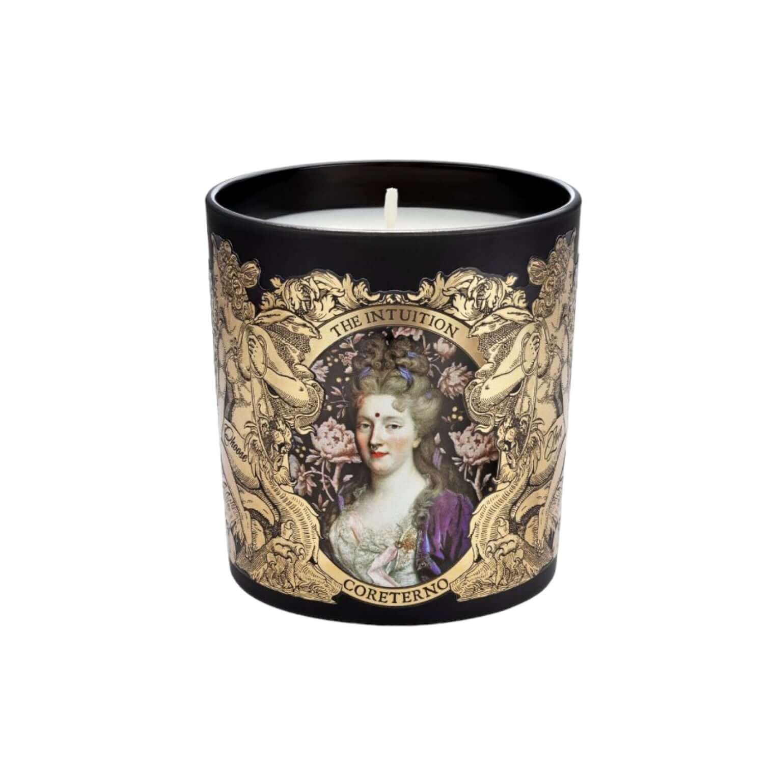 The Intuition scented candle featuring a vintage portrait and decorative design for positive energy.