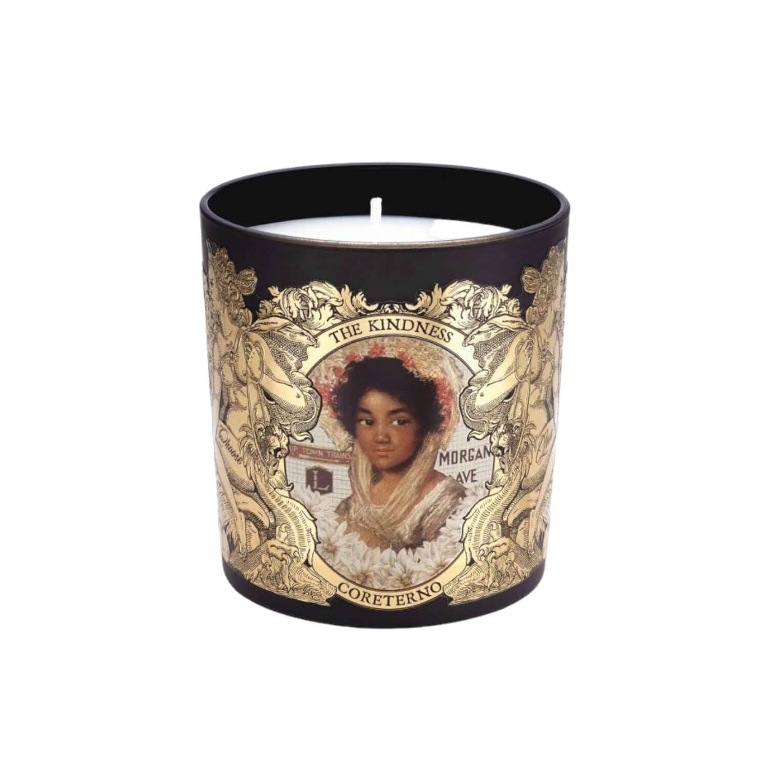 The Kindness Candela candle featuring a decorative design and an artistic portrait.