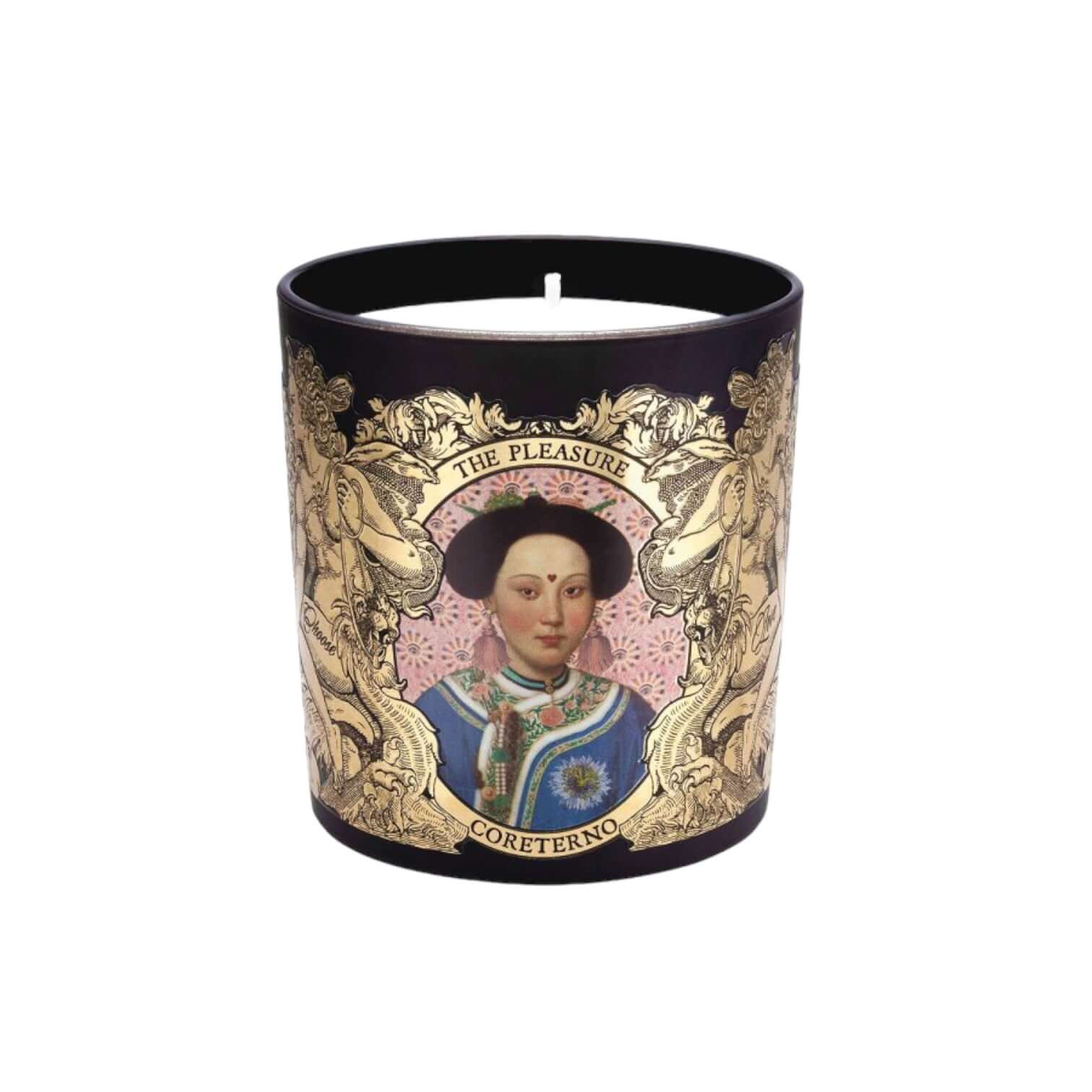 Decorative scented candle labeled 'The Pleasure' with artistic vintage design.