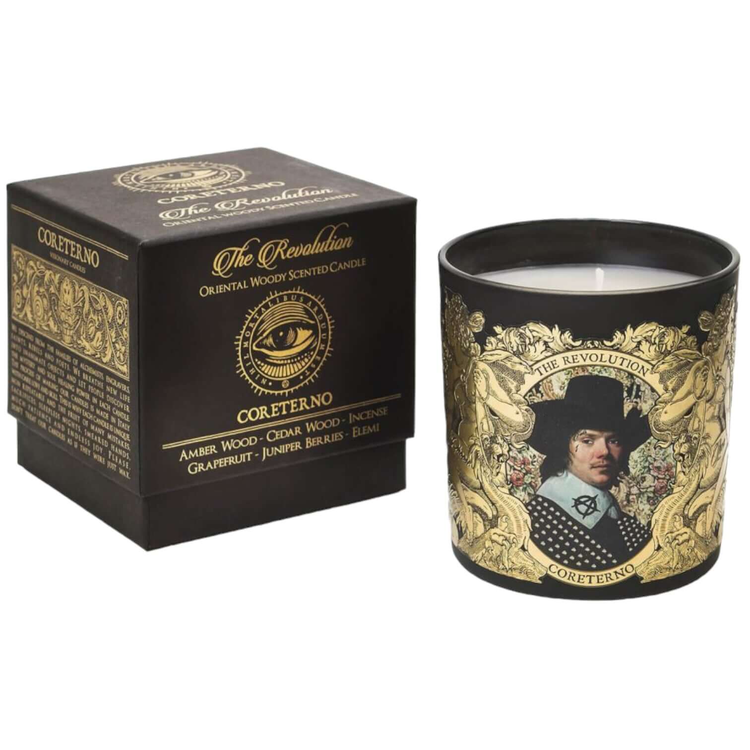 The Revolution scented candle with artistic packaging featuring bold designs and rich fragrances like amber wood and incense.