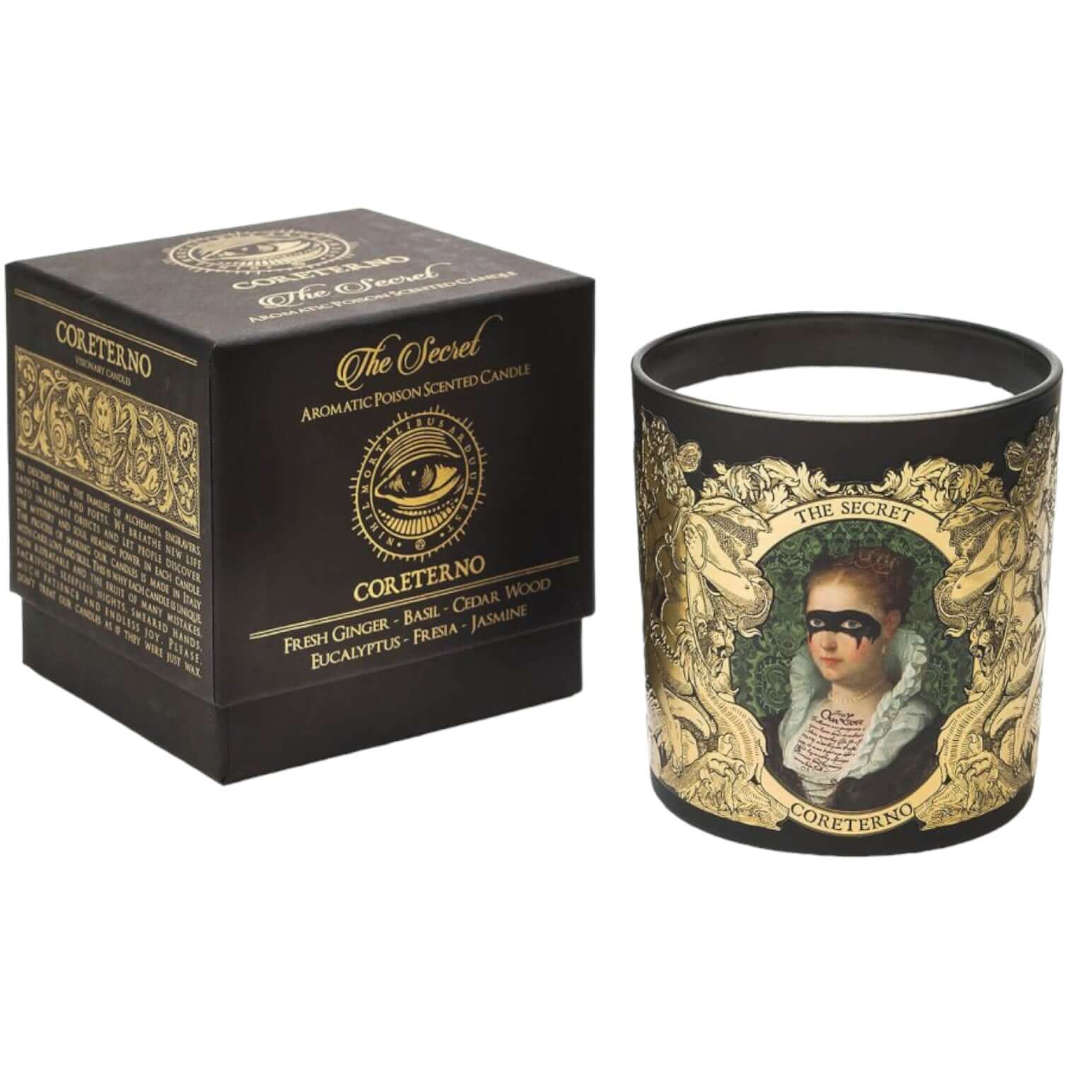 The Secret aromatic scented candle in decorative packaging featuring rich spices and herbs.