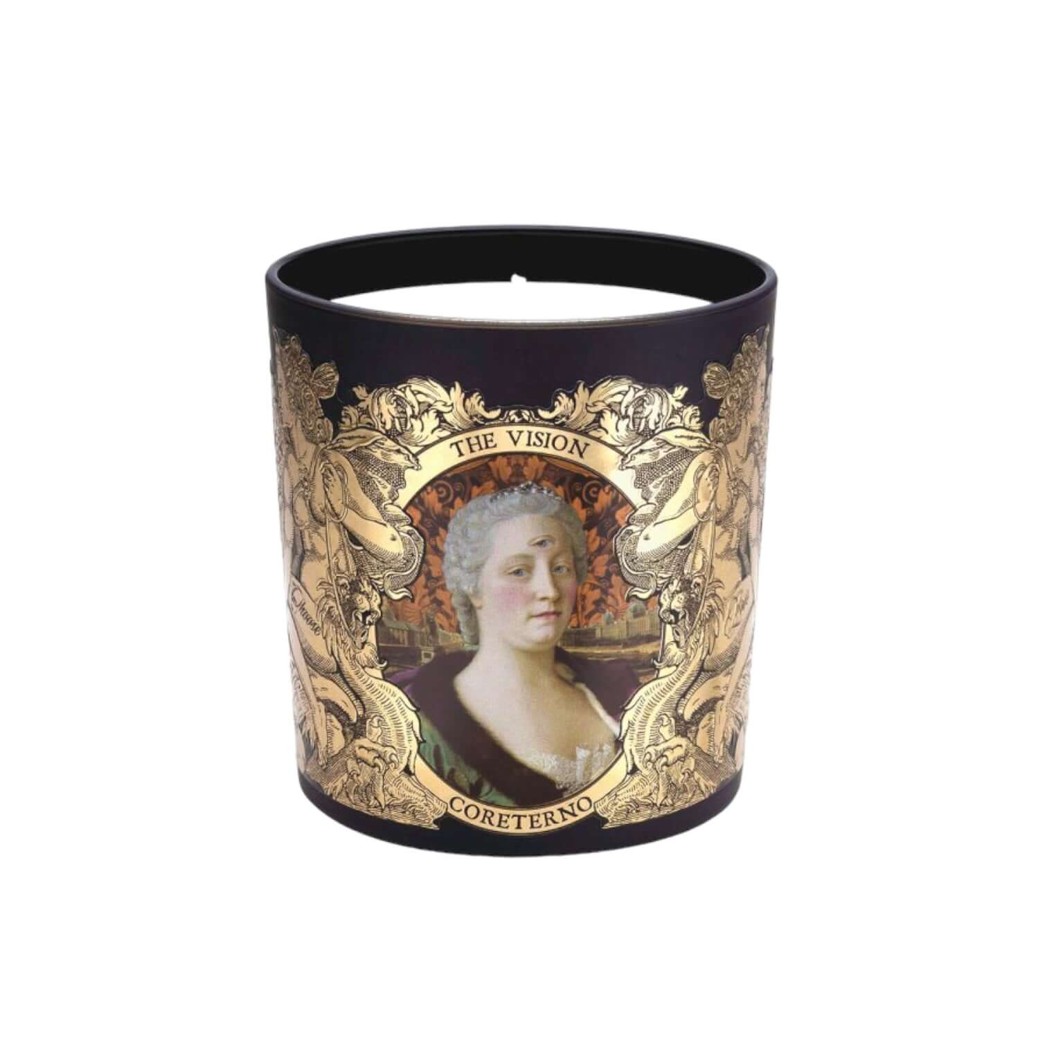 Black candle with ornate design featuring the portrait titled 'The Vision' and the name 'Coreterno'.