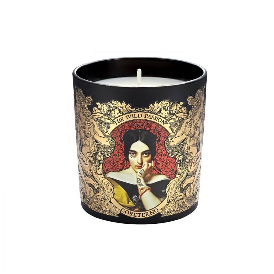 The Wild Passion scented candle featuring intricate artwork by Michelangelo Brancato, symbolizing love and passion.