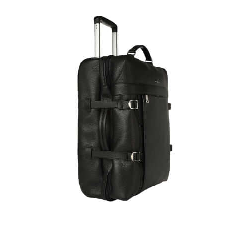 Trolley da viaggio in pelle micron nero con maniglia estensibile e chiusura di sicurezza, made in Italy.