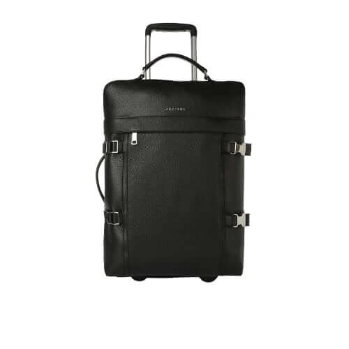 Trolley da viaggio in pelle nera con ruote, manico estraibile e chiusura di sicurezza, dettagli in palladio.