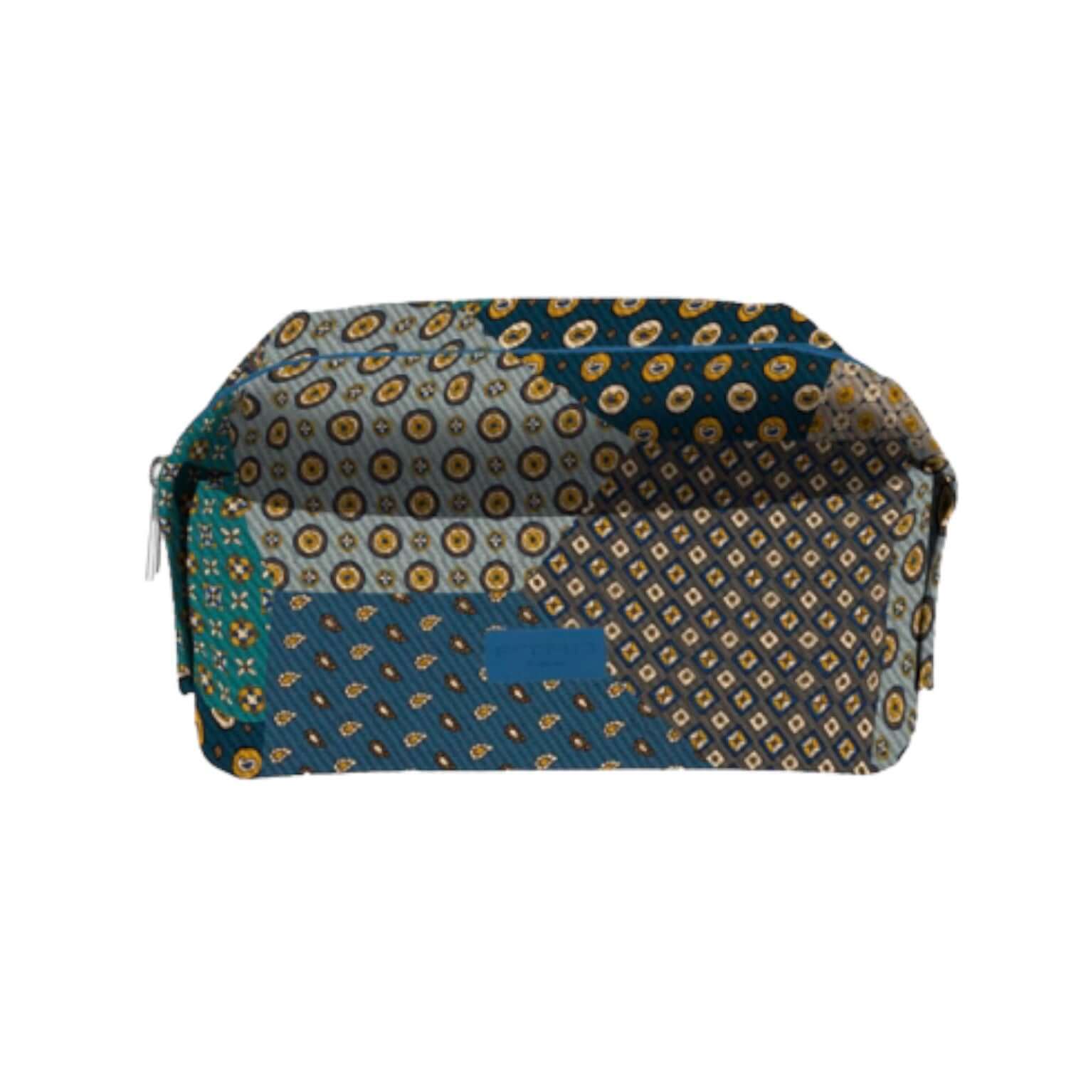 Trousse Base Rigida Media in patterned nylon fabric, featuring zip closure, ideal for travel or daily use.