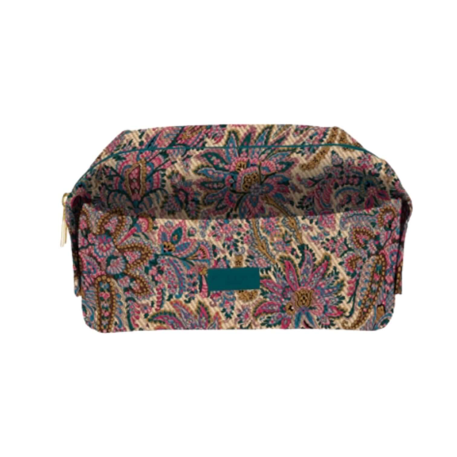 Trousse Base Rigida Media in colorful floral pattern, nylon, with zip closure, perfect for organizing travel accessories.