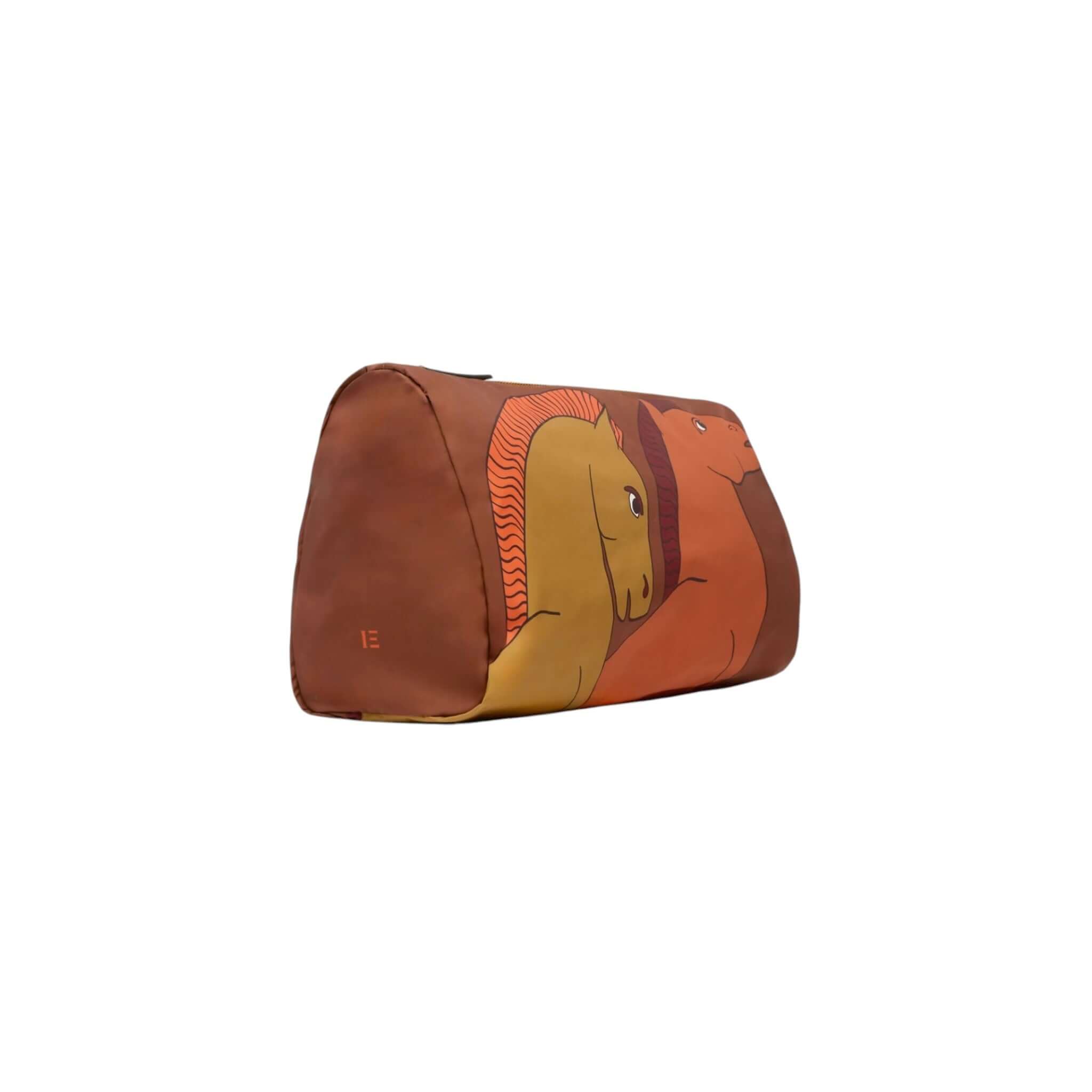 trousse Cavalli Big in nylon with horse design, featuring two internal pockets and soft, adaptable fabric, available in two sizes.