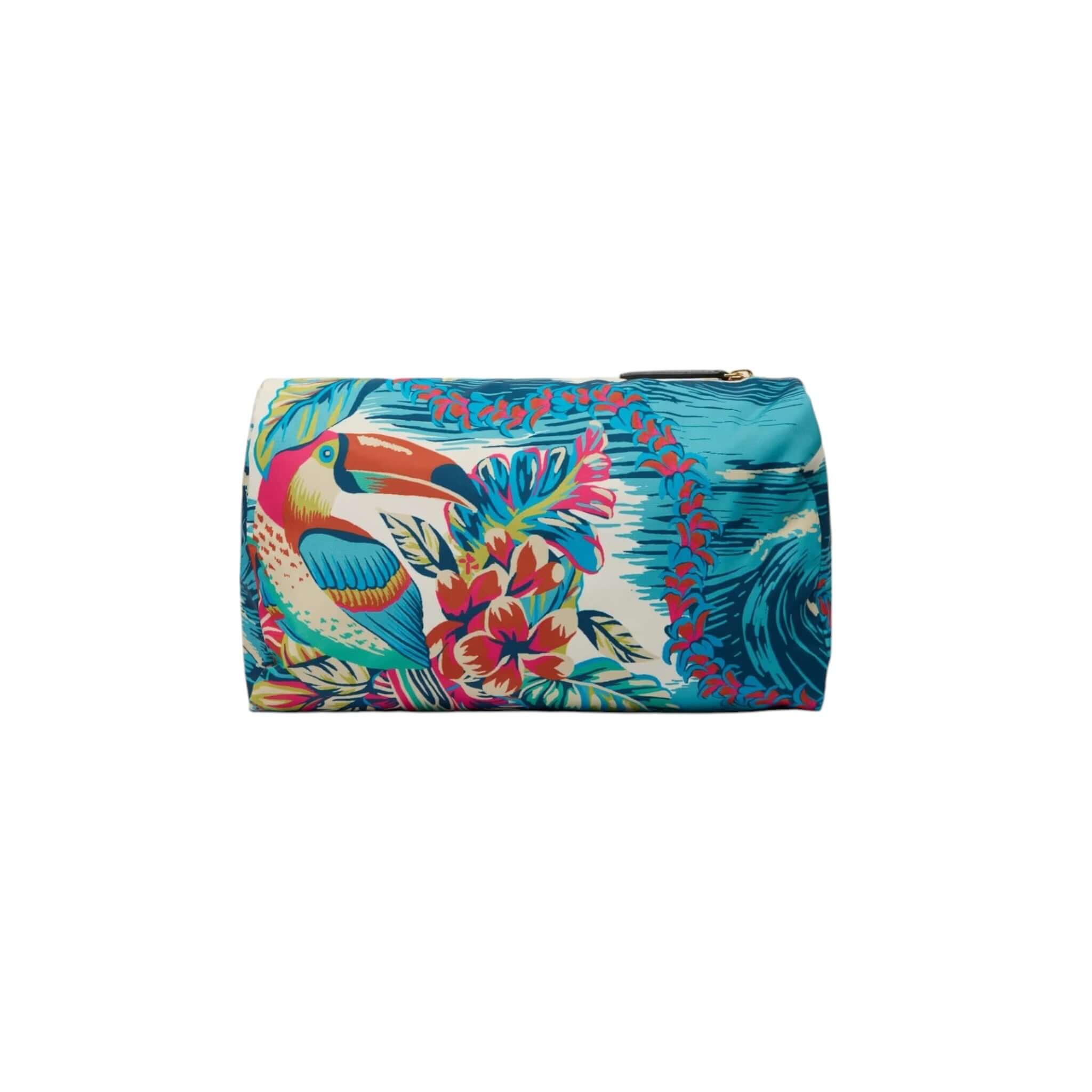 Trousse Hawai Media with tropical design featuring a toucan and flowers, made of lightweight nylon.
