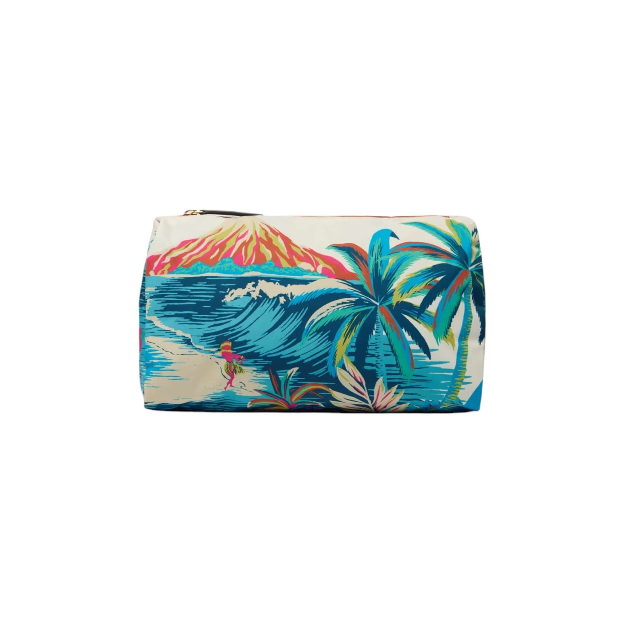 Trousse Hawai Media: eco-friendly nylon pouch with vibrant beach design, 30x17x12 cm, featuring internal pockets.