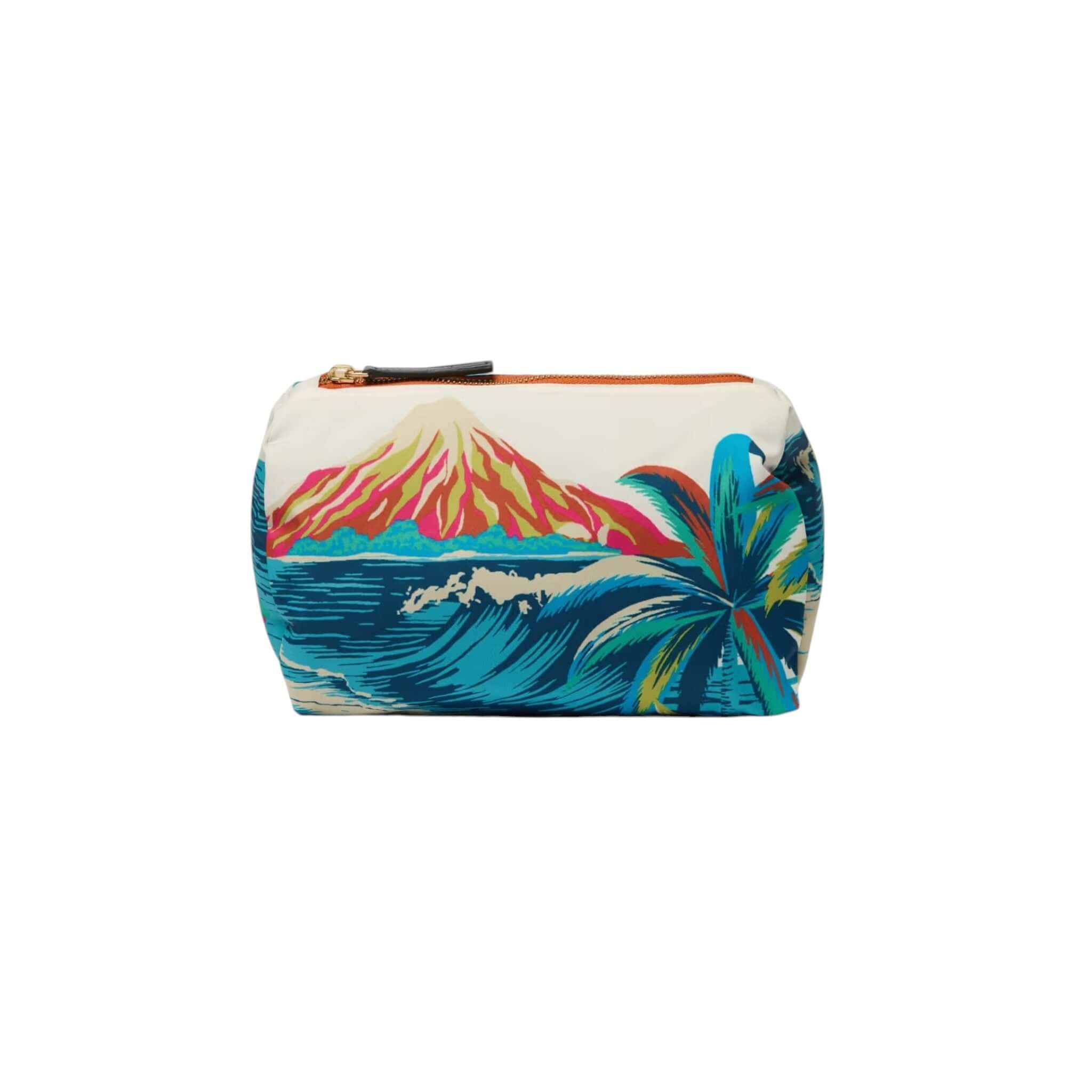 Trousse Hawai: pochette leggera con stampa tropicale, misura 22,5 x 14 x 11,5 cm, realizzata in nylon tecnico.
