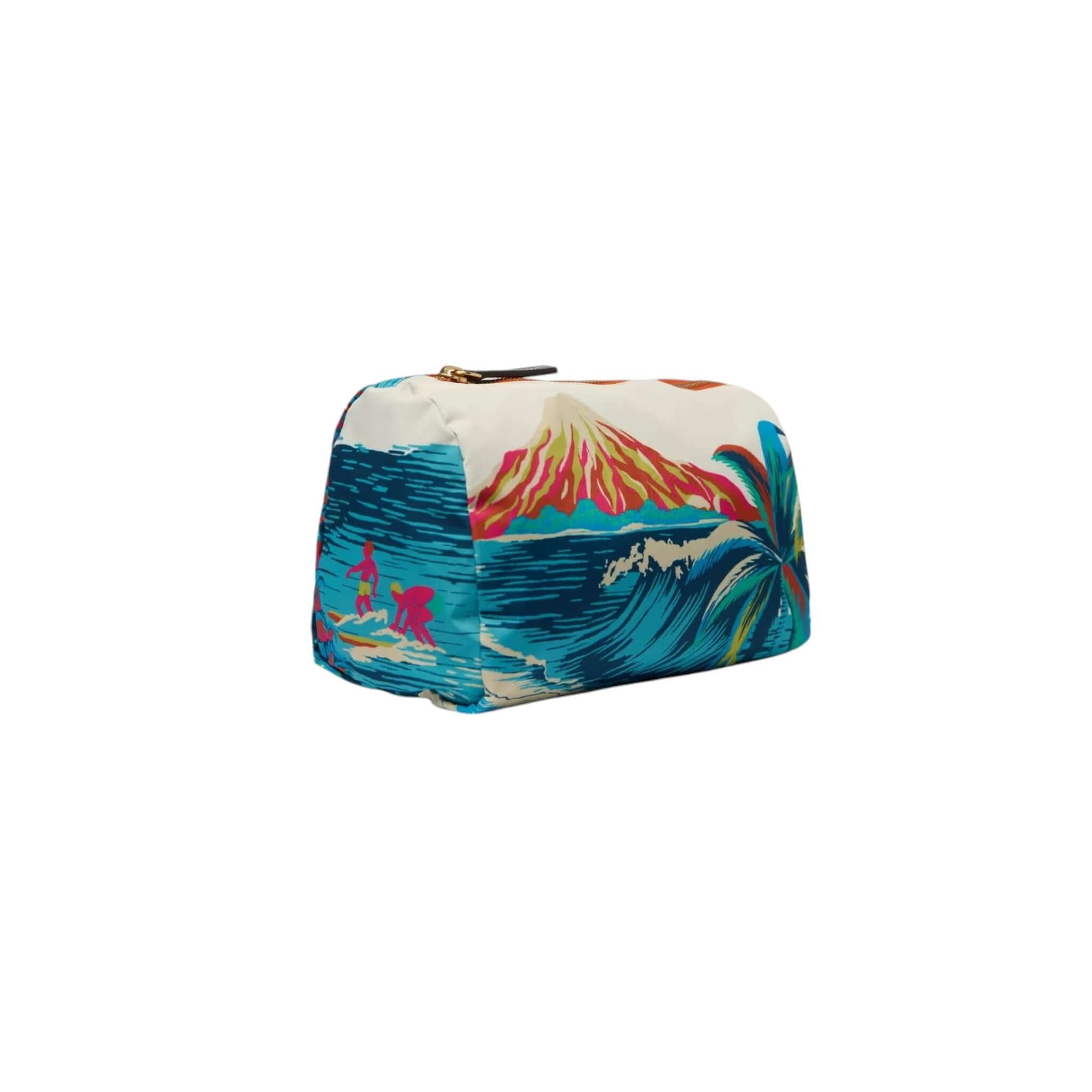 Trousse Hawai, borsa trucco leggera in nylon con stampa tropicale, dimensioni 22,5x14x11,5 cm.