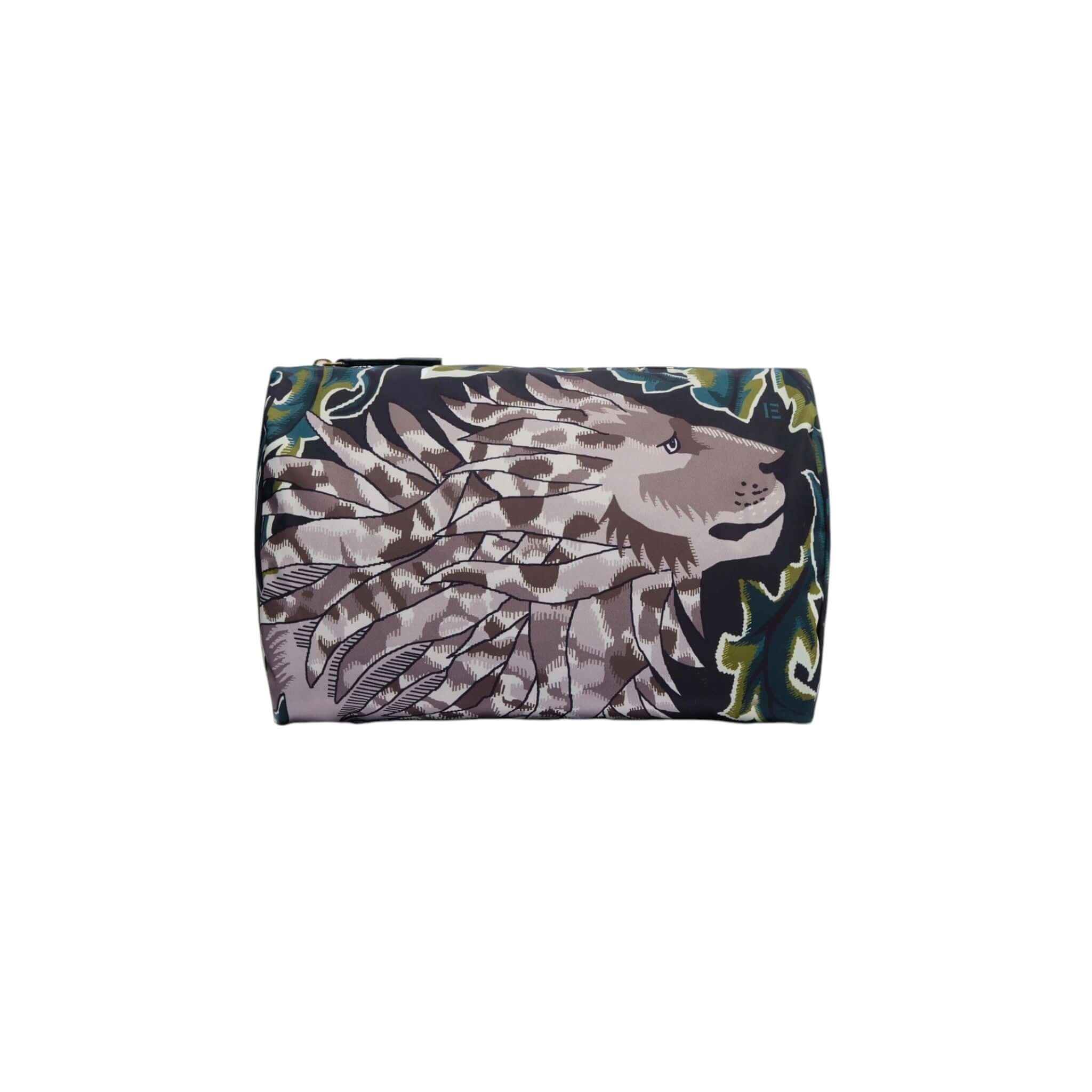 Trousse Leonard Big in nylon with wolf and feather design, featuring two inner pockets including one zippered.
