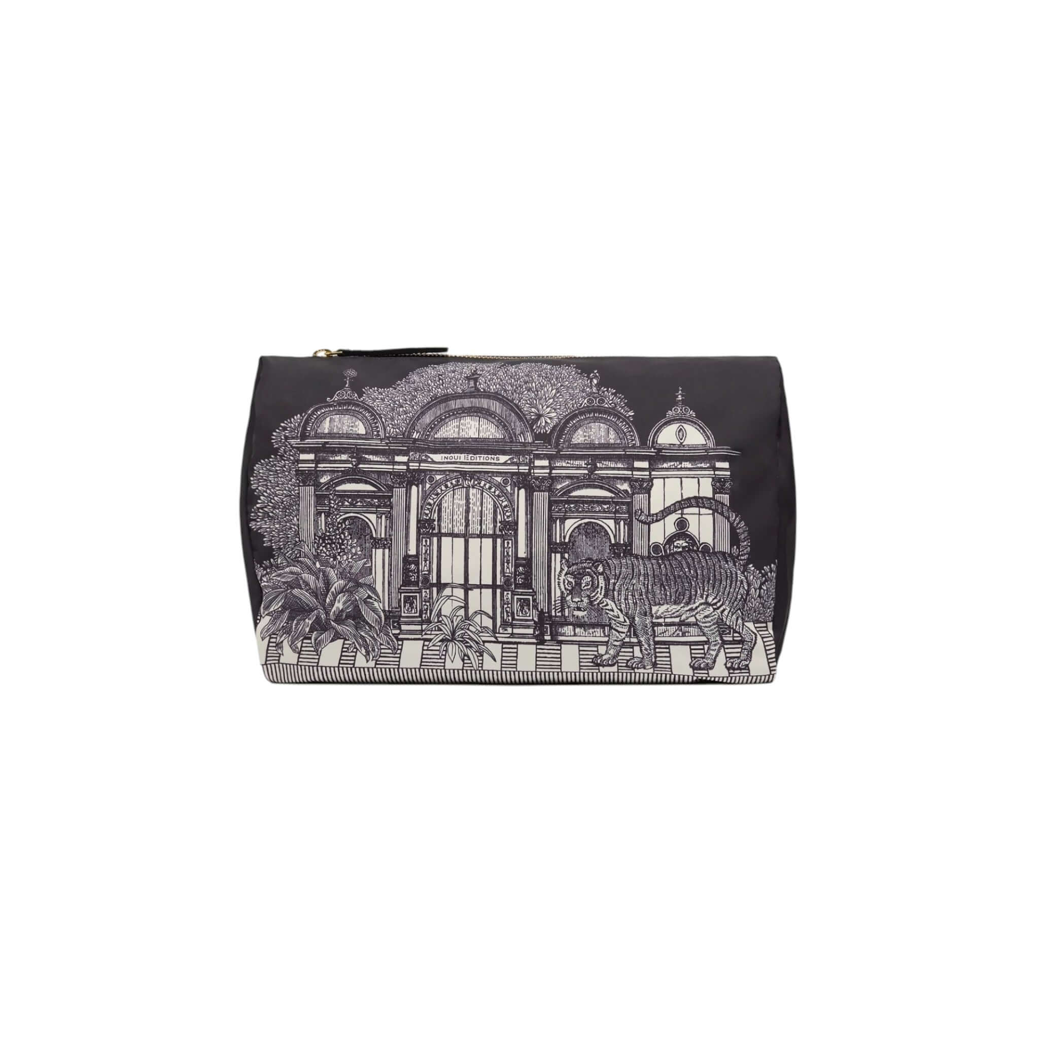 Trousse Mirage Big in black with intricate architectural design featuring tigers and lush greenery.