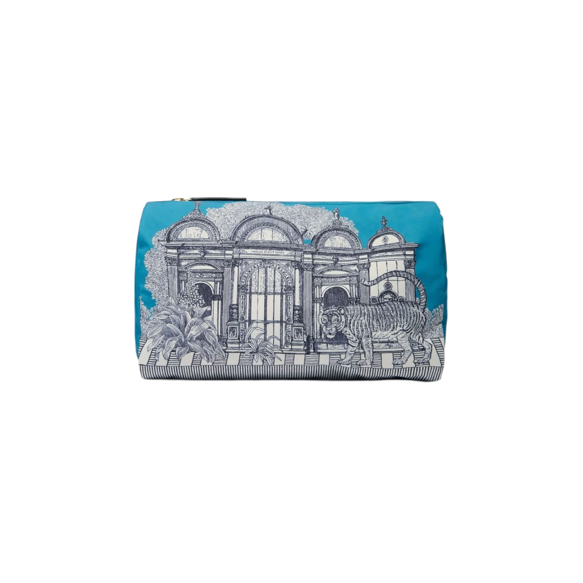 Trousse Mirage Media in blue with architectural design and tiger, functional and lightweight nylon makeup pouch.