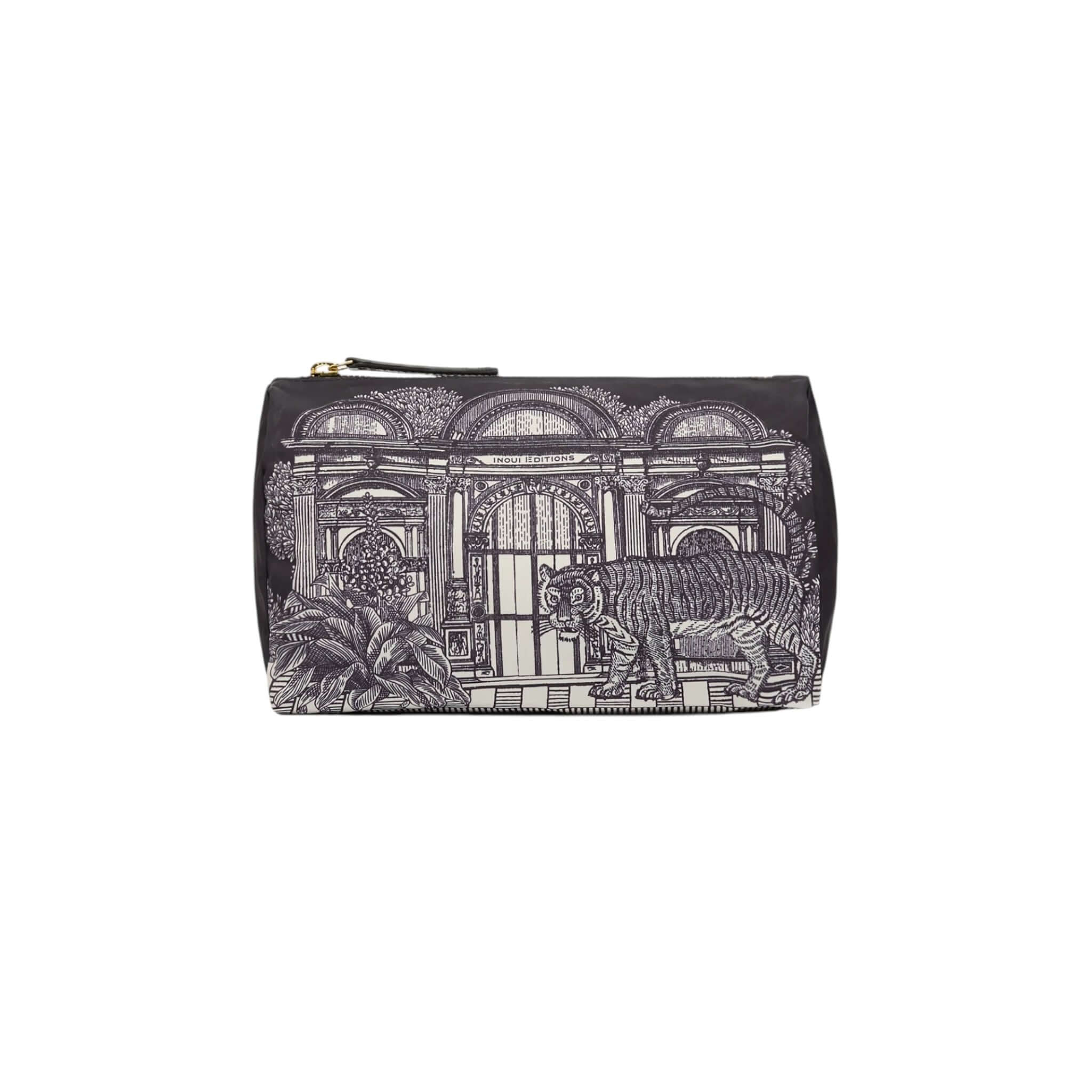 Trousse Mirage Small in nylon with tiger and architectural design, featuring a zip closure and functional interior pockets.