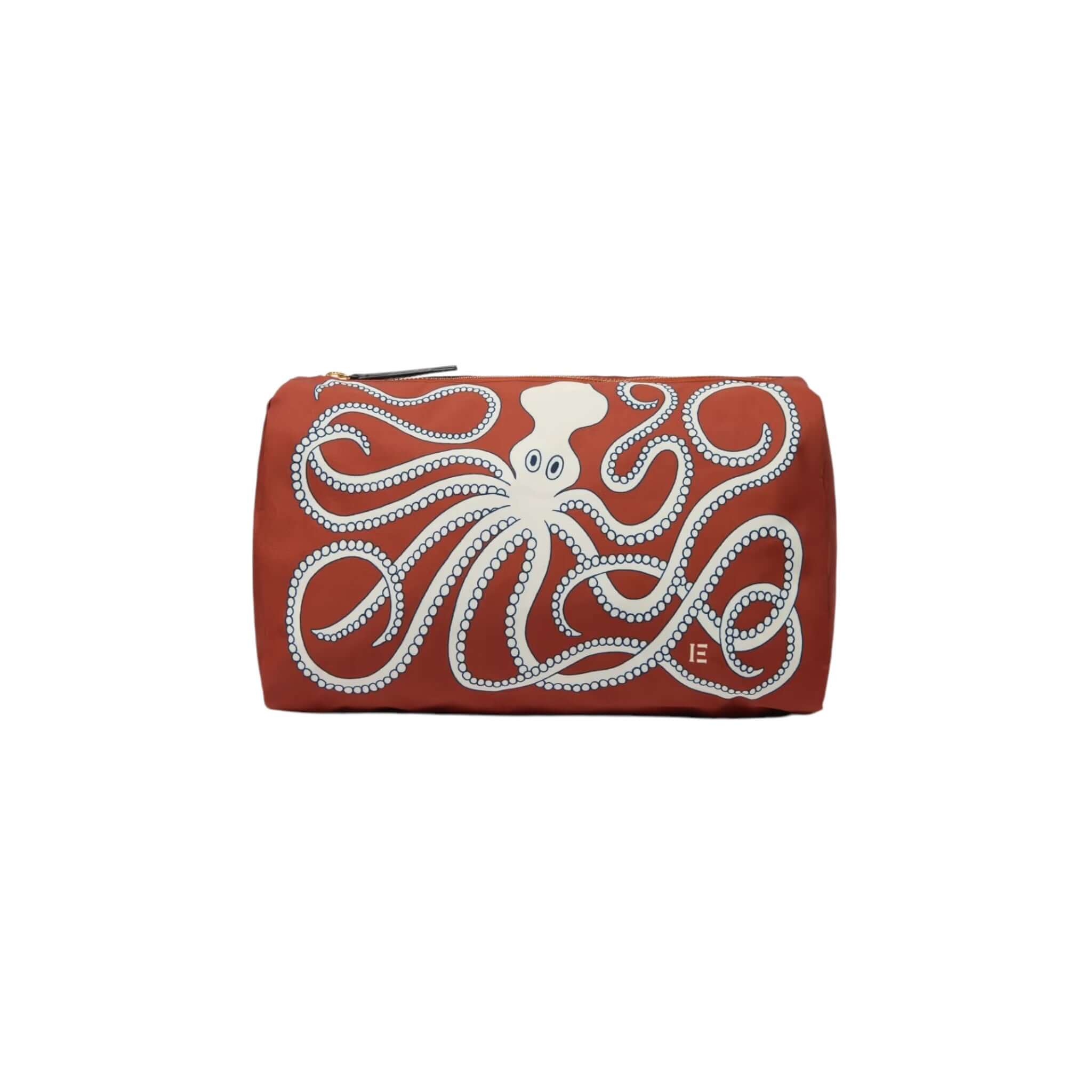 Trousse Octopus in red with white octopus design, featuring a zipper and spacious interior pockets.