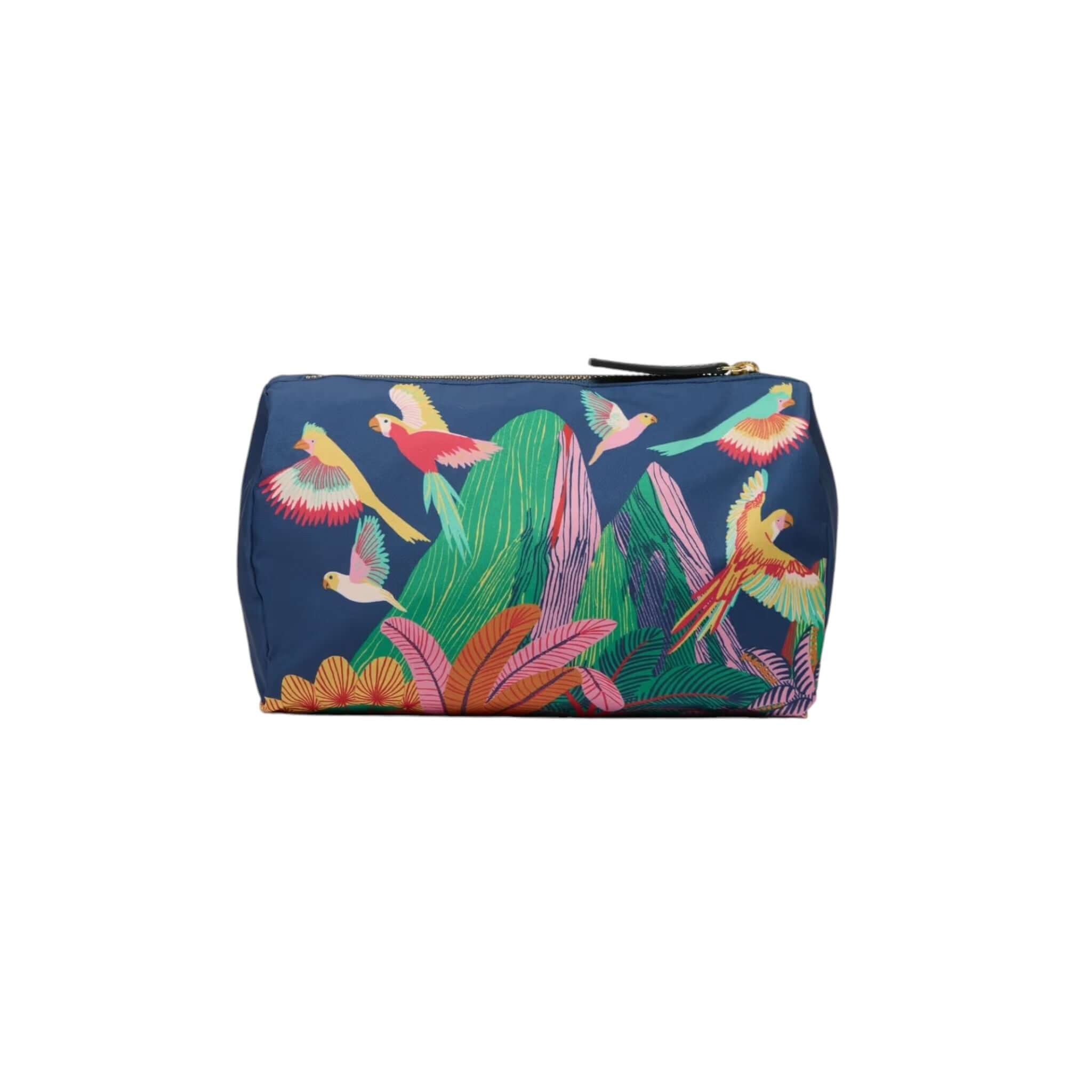Colorful Trousse Rio cosmetic bag with tropical design featuring birds and greenery.