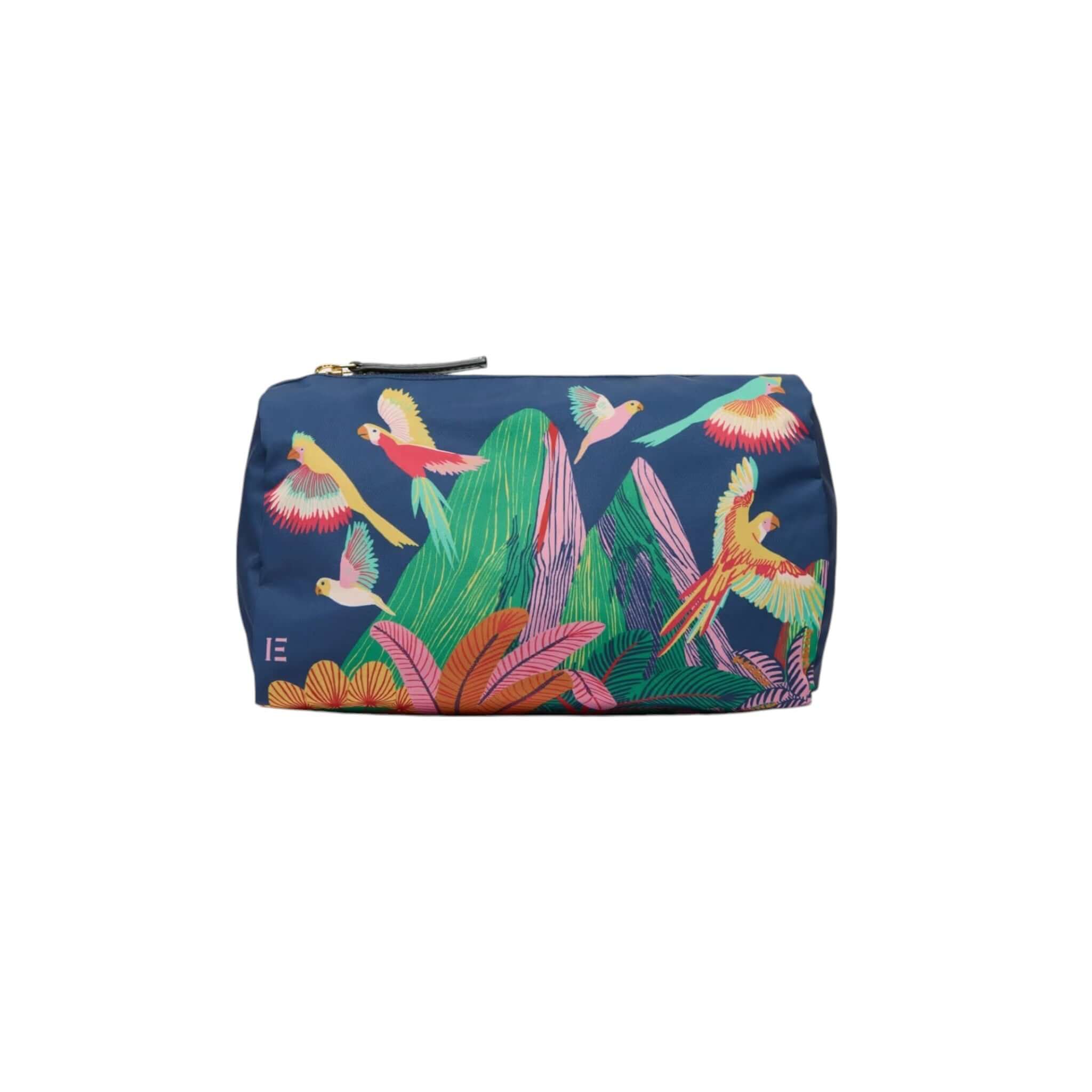 Colorful Rio Trousse with parrot design, featuring functional pockets and made from recycled polyester.
