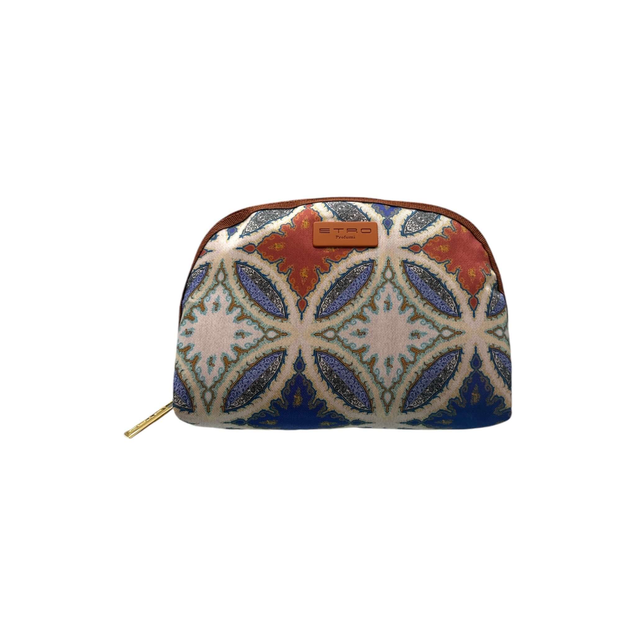 Trousse Tonda Media in washable nylon, featuring unique pattern and 'ETRO' logo, perfect for beauty accessory organization.