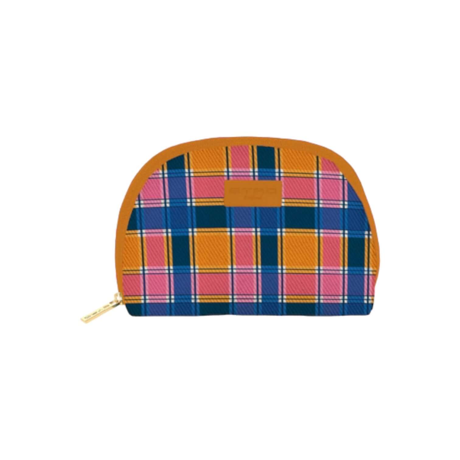 Trousse Tonda Media in vibrant plaid pattern, perfect for organizing beauty accessories.