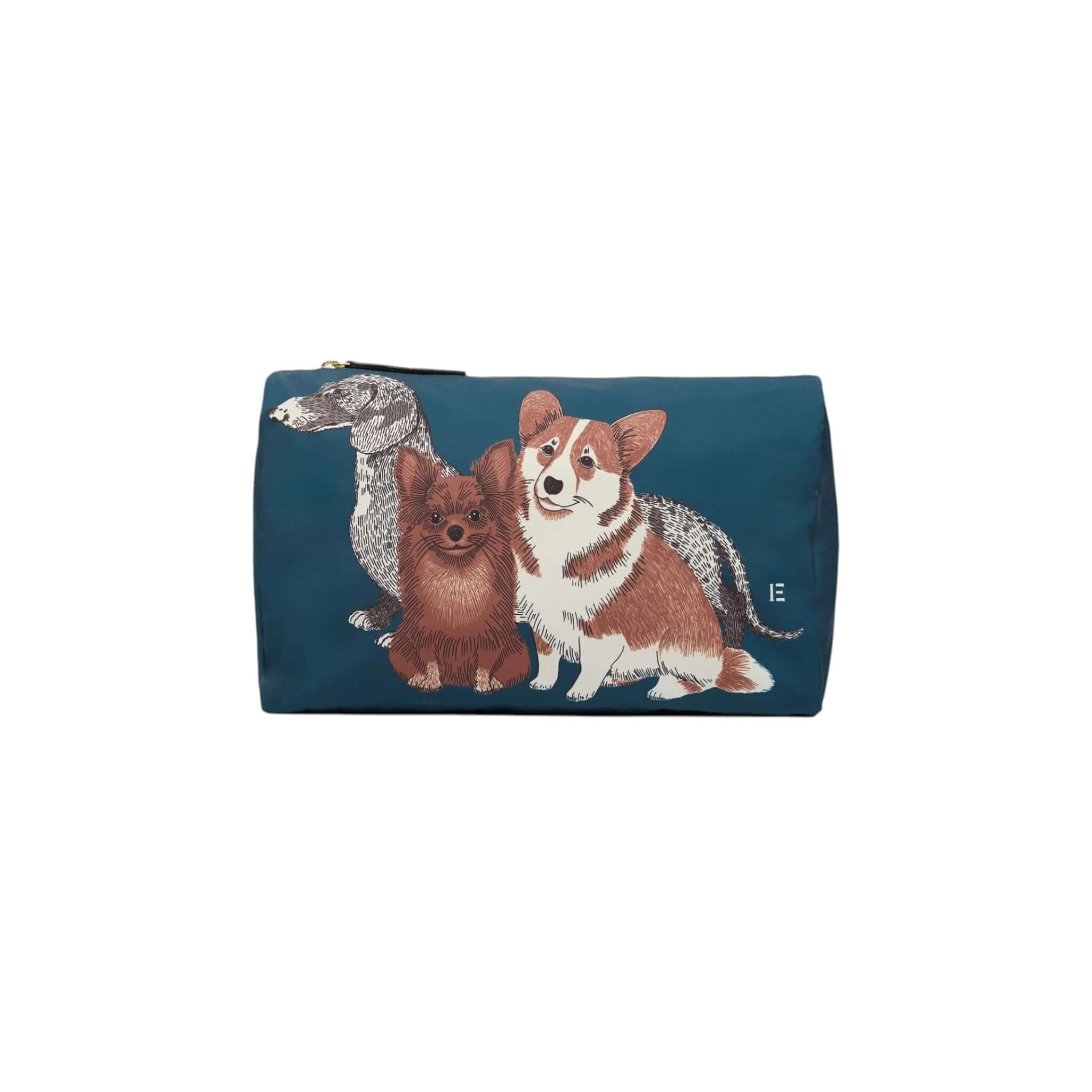 Trousse toutou in nylon riciclato con illustrazione di cani, perfetta per organizzare oggetti personali.