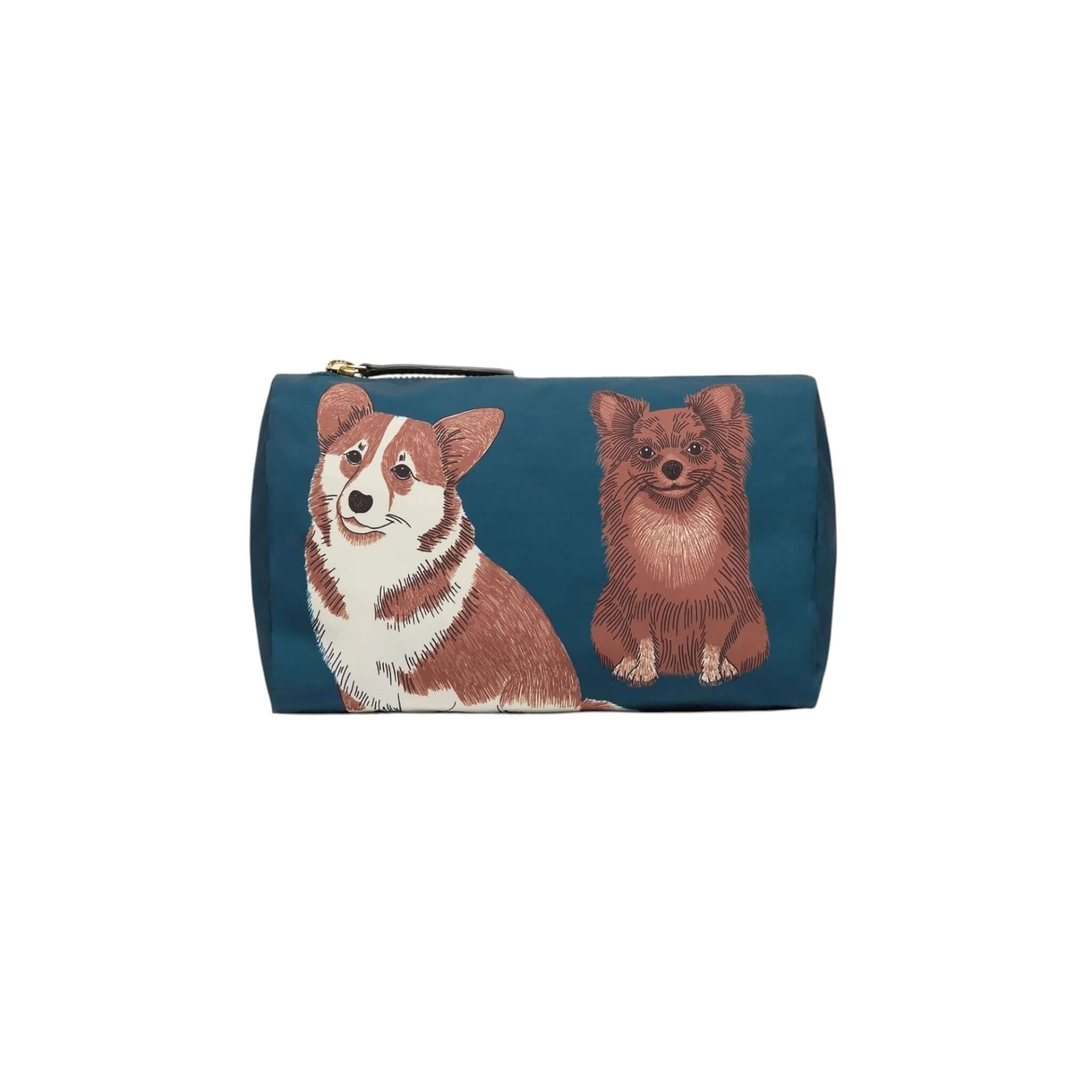 Trousse Toutou Small con illustrazione di un corgi e un pomeranian su sfondo blu