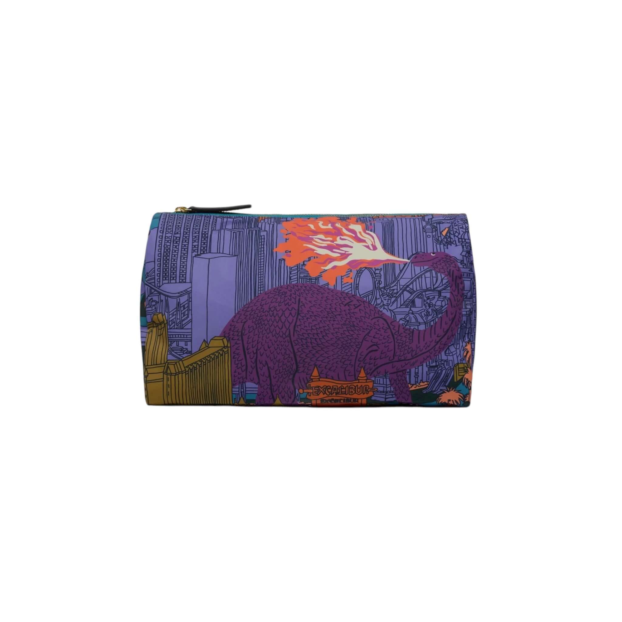 Trousse Vegas con design di dinosauro viola e dettagli colorati, ideale per contenere cosmetici e accessori.