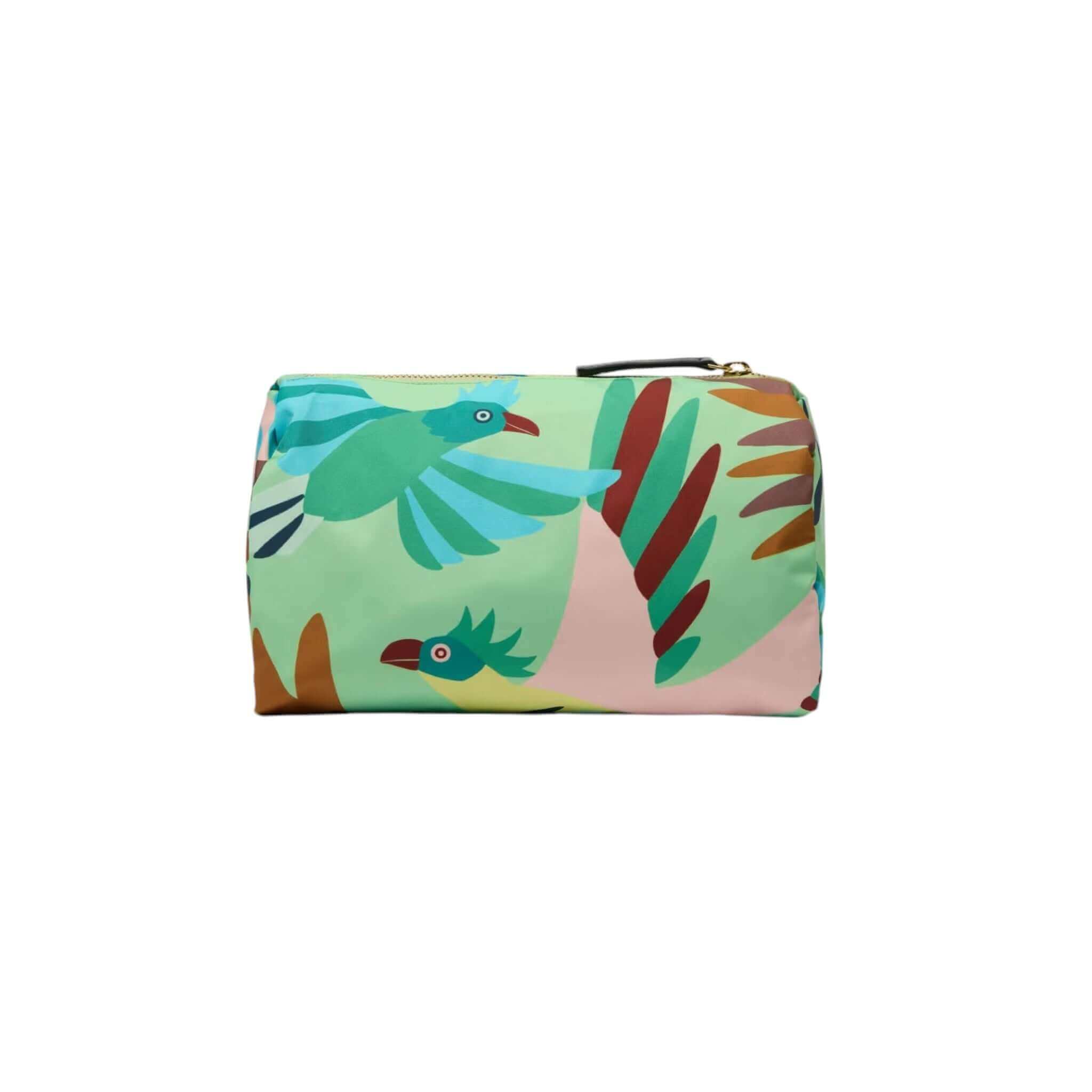 Colorful Trousse Voyage with bird print, made of lightweight nylon and eco-friendly polyester.