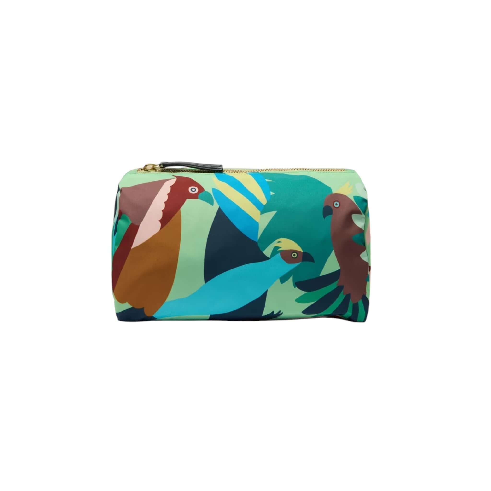 Colorful Trousse Voyage makeup bag featuring vibrant bird patterns on a green background.