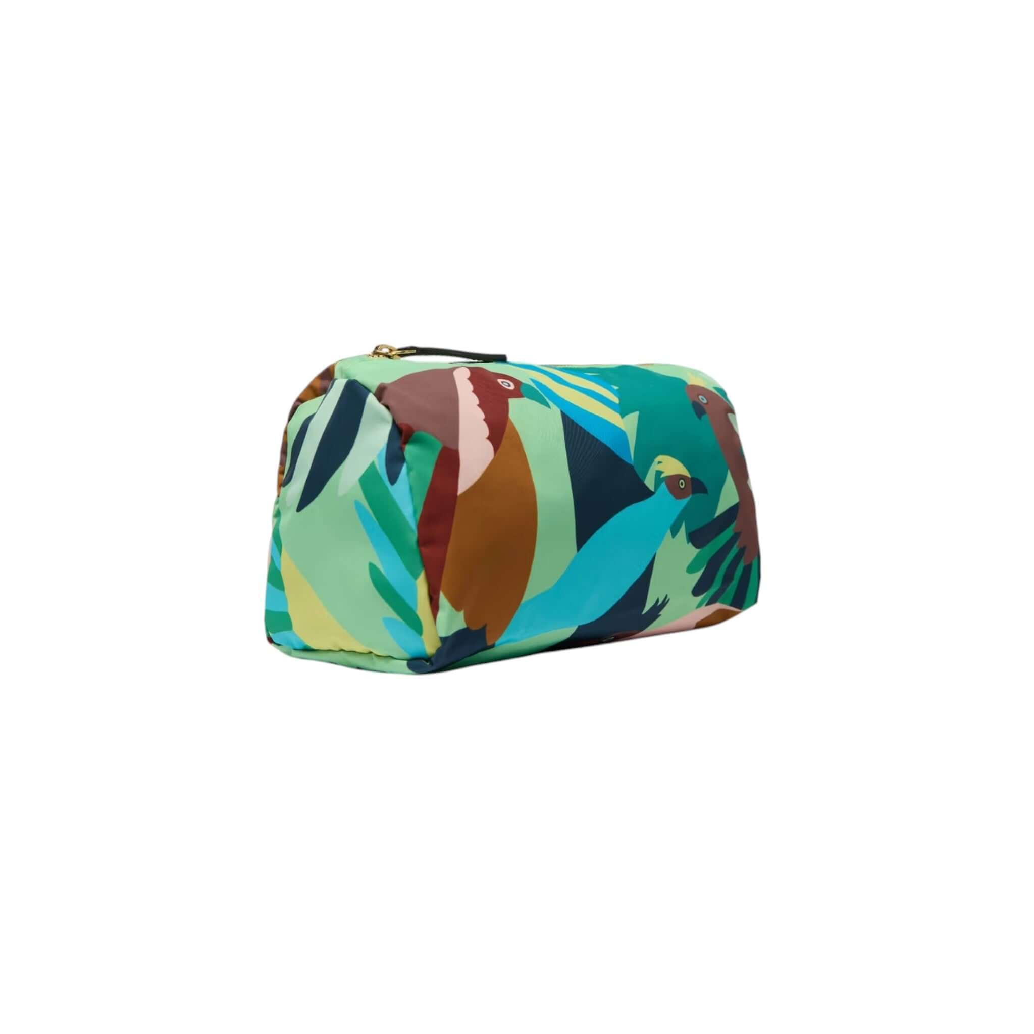 Trousse Voyage in colorful bird print, lightweight nylon makeup bag with zip closure, dimensions 22.5 x 14 x 11.5 cm.