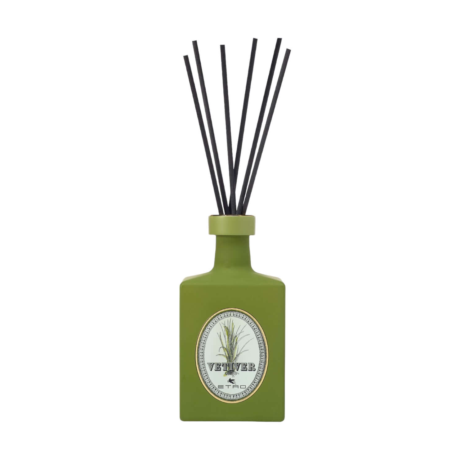 Elegant Vetiver diffuser in a green glass bottle with black reeds, perfect for home fragrance.